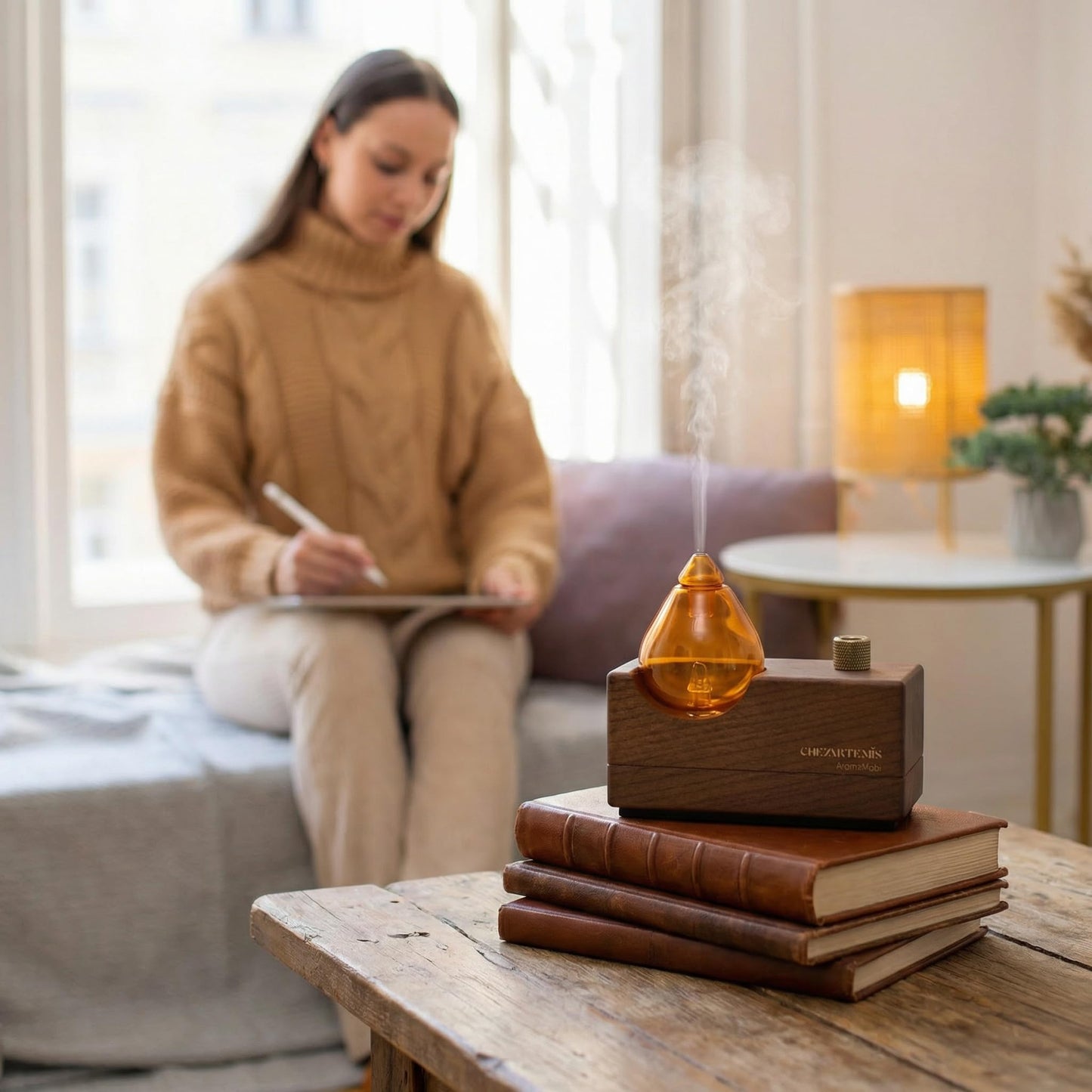 Amber Premium Glass Essential Oil Diffuser with Handmade Wood Base for Aromatherapy, Retro Waterless Scent Diffuser with Cool Mist, Rechargeable & Wireless Oil Nebulizer with LED & Timer, 2026 Model