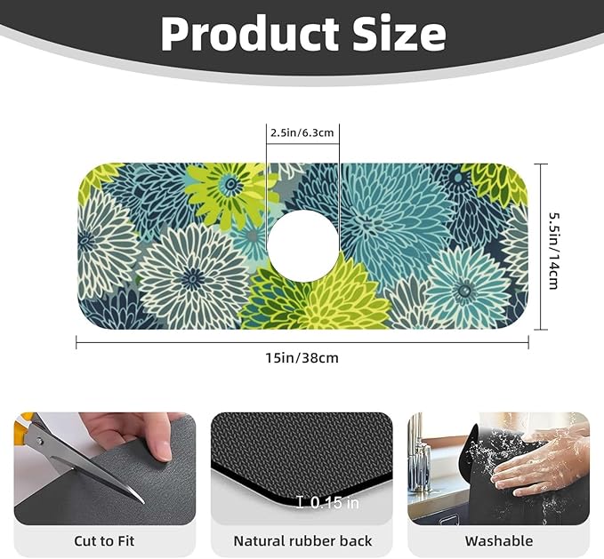 Kitchen Faucet Mat 15 x 5.5 Inch Abstract retro flower Faucet Draining Mat