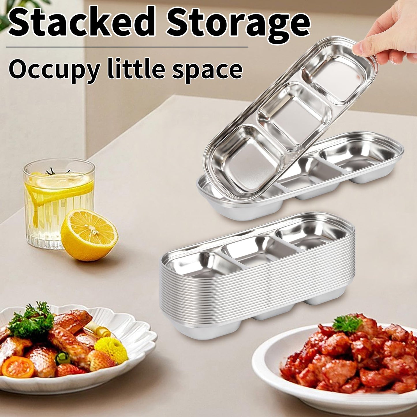 18 Pcs Soy Sauce Dishes, Stainless Steel Divided Dip Bowls, Korean 3-Compartment Sauce Plates for Home Restaurant BBQ, Vinegar, Spices, Ketchup, Salt, Sugar, and Flavors