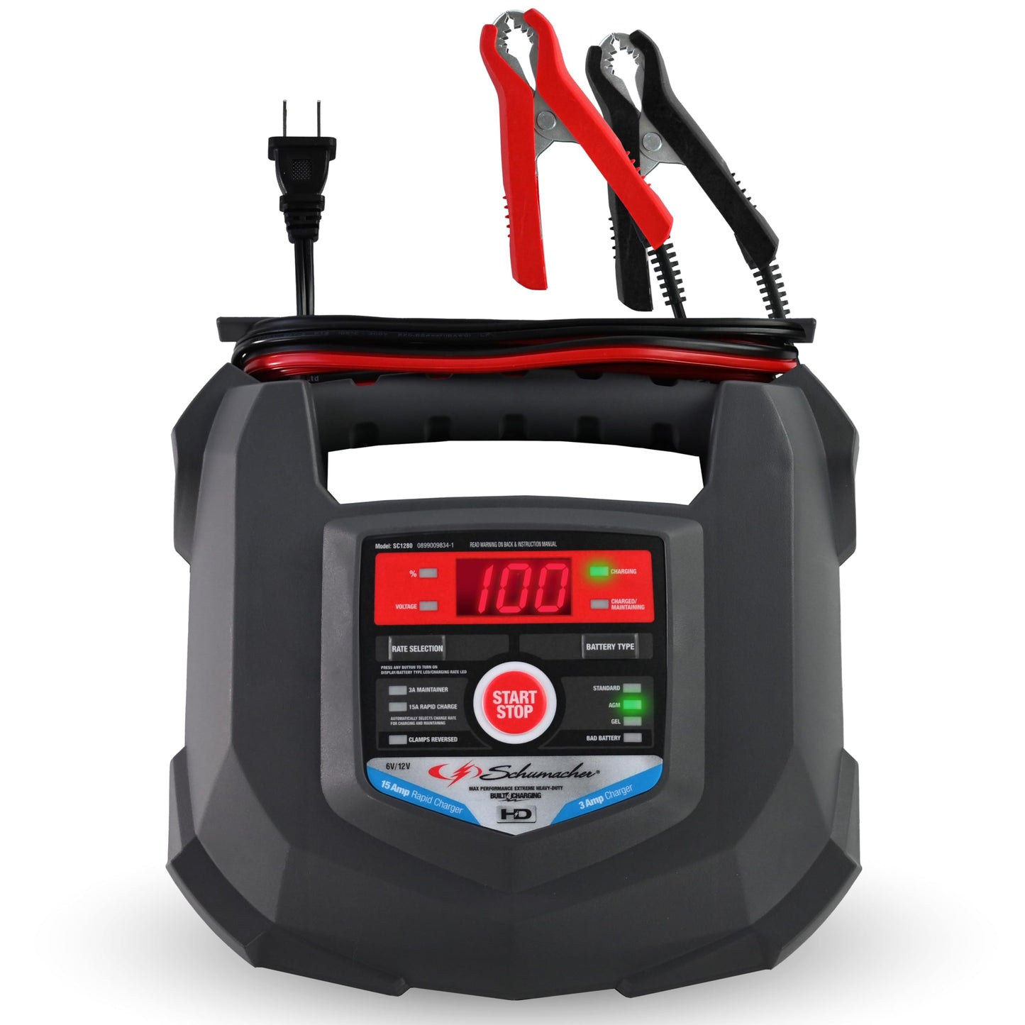 Schumacher Electric Car Battery Charger and Maintainer SC1280 4-in-1, 15 Amp, Fully Automatic for 6v and12v Automobile Batteries - Ideal for Motorcycles, Cars, Trucks, SUVs, Marine Batteries, and More