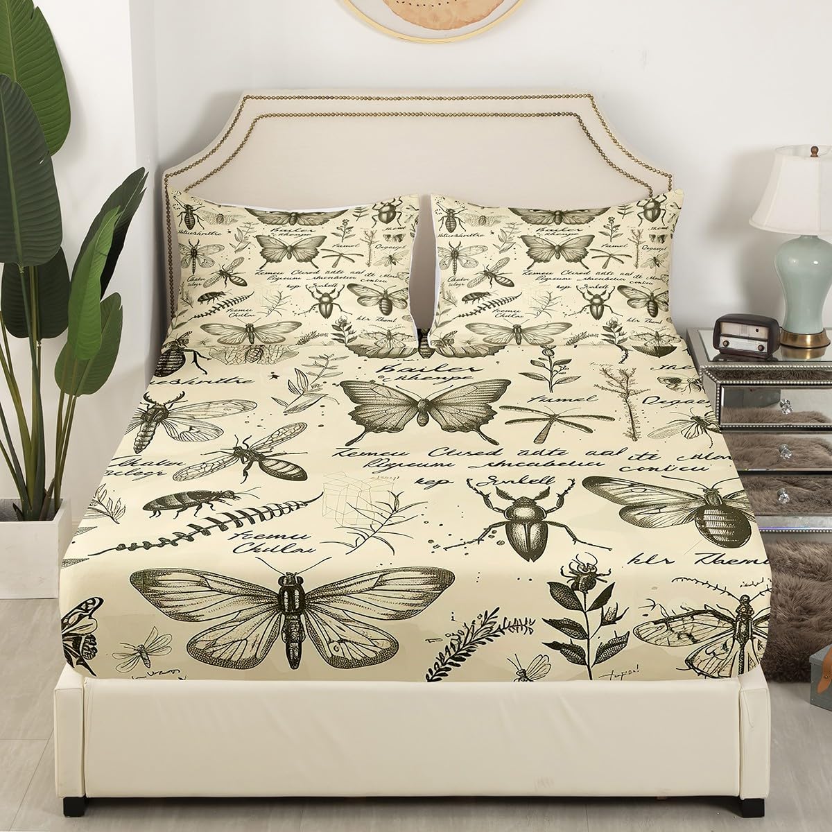 Butterfly Moth Fitted Sheet Full Size,Insects Beetles Entomological Theme Bedding Set for Kids Teens Boys Girls Room Decor,Sketch Palm Leaf Botanical Bed Sheet Rustic Boho Deep Pocket Sheet 3Pcs