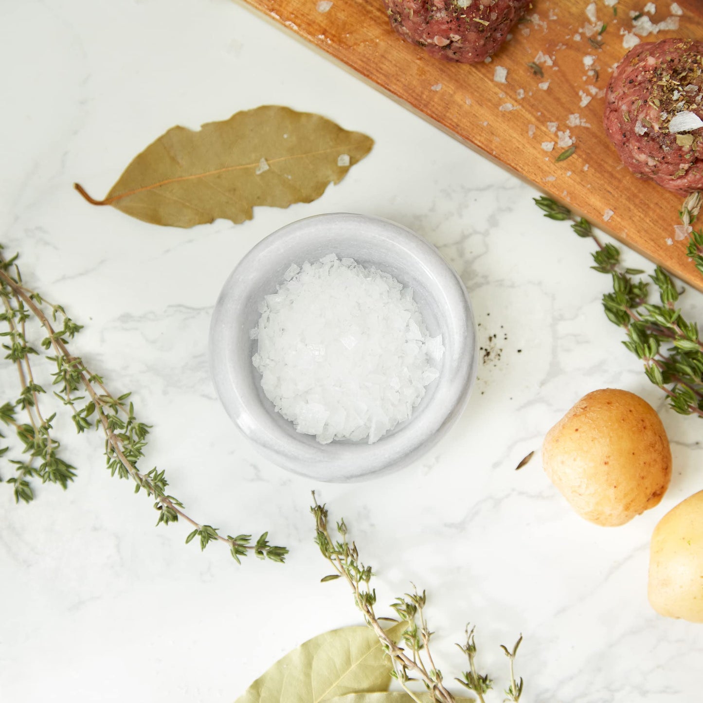 RSVP International Herb & Salt Containers for Countertop Polished Marble Dish/Bowl, 2.75" Diameter x 1.5", Natural White