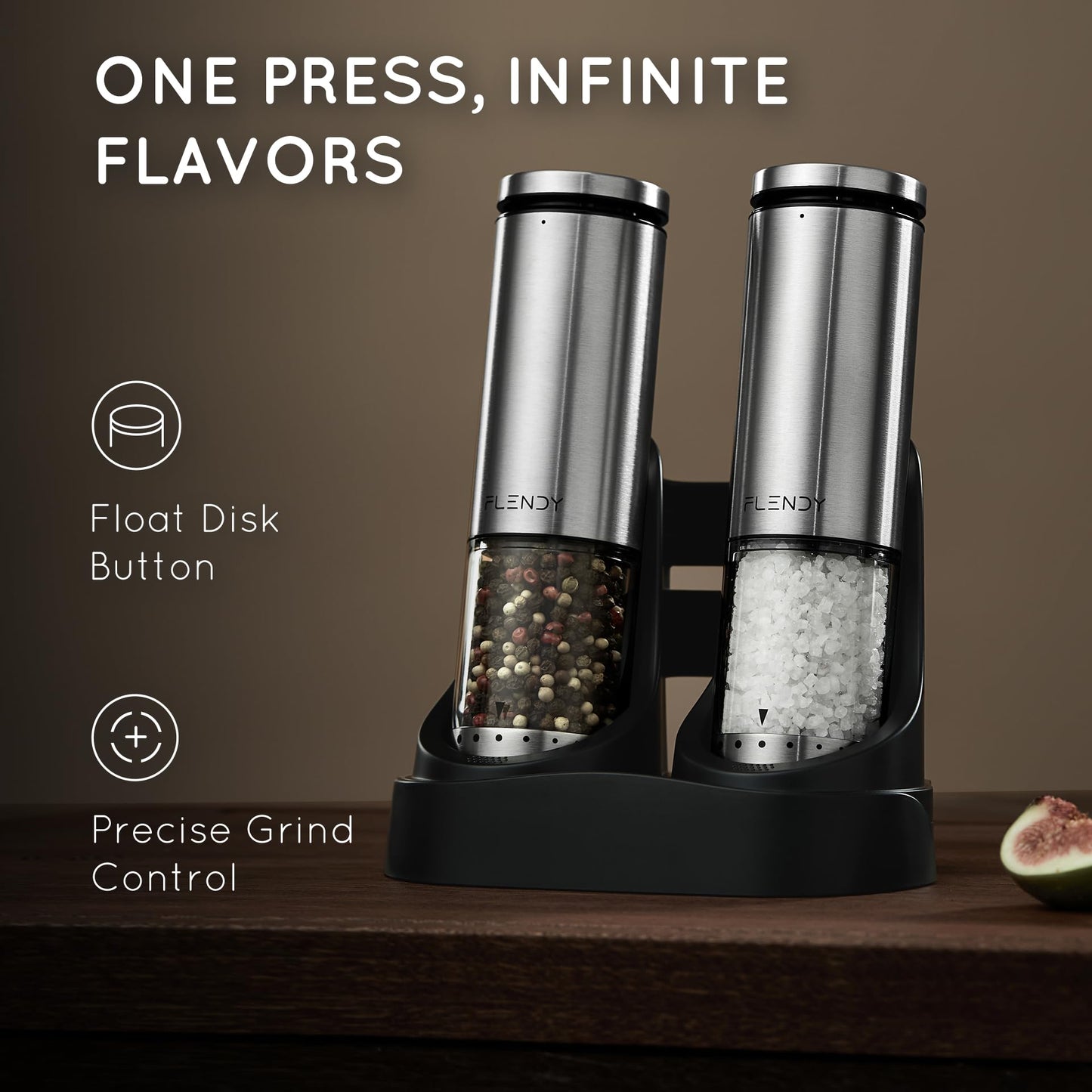 Flendy Electric Salt and Pepper Grinder Set Rechargeable, Automatic Salt and Pepper Grinder Set with Oversized Top Button, Stainless Steel Electric Salt and Pepper Shakers Set