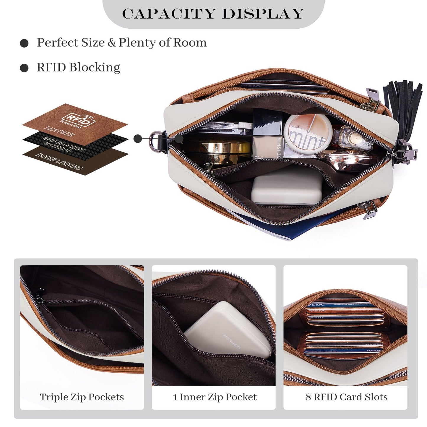 Roulens Triple Zip Small Crossbody Bag for women,Wide Strap Cell Phone Purse Shoulder Handbag Wallet with Credit Card Slots
