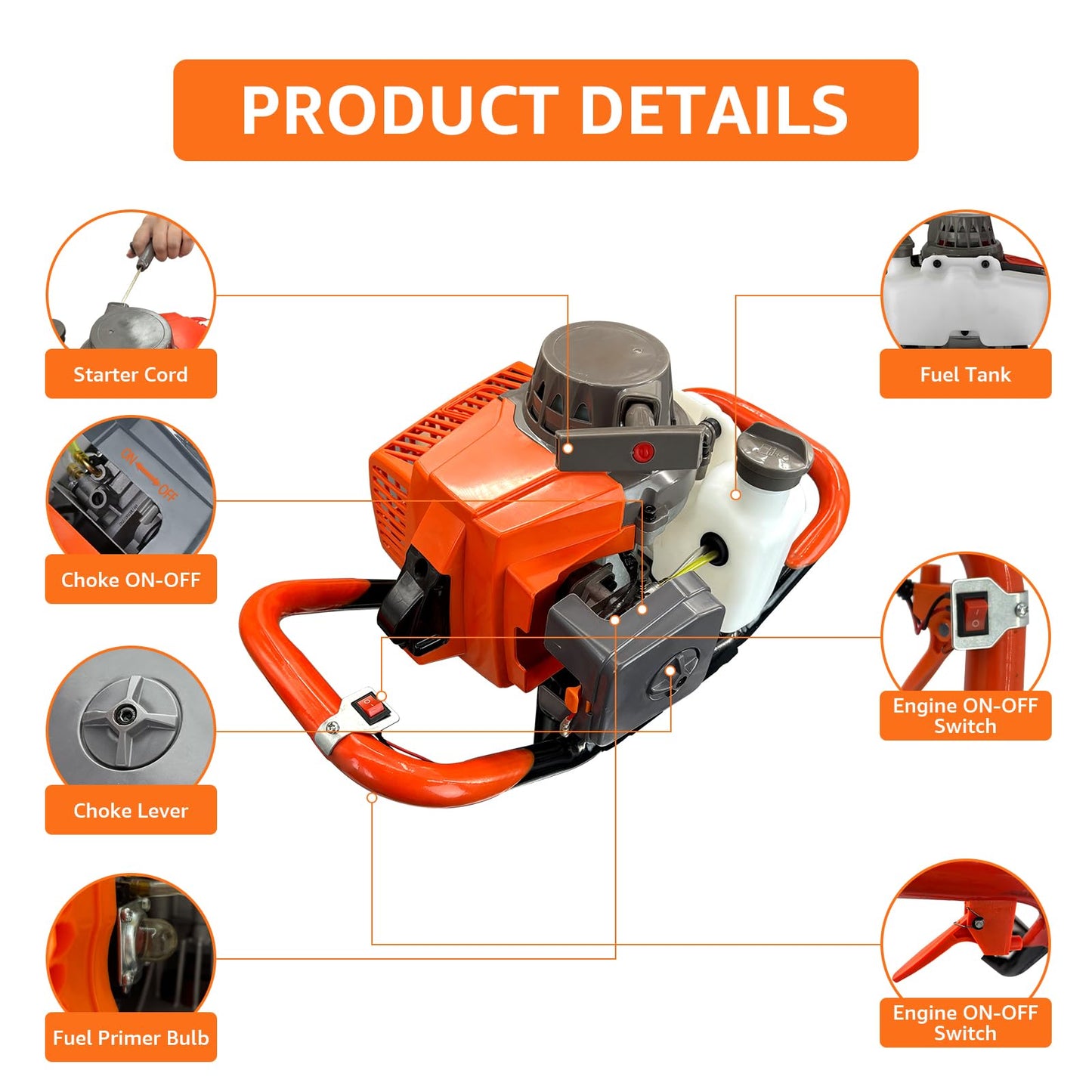 XJADQW 72CC 2-Stroke Gas Powered Post Hole Digger with 3" & 5" & 8" Auger Bits + 24“ & 24" Extension Rod, Heavy Duty Earth Auger for Farm, Garden, Landscaping, Construction