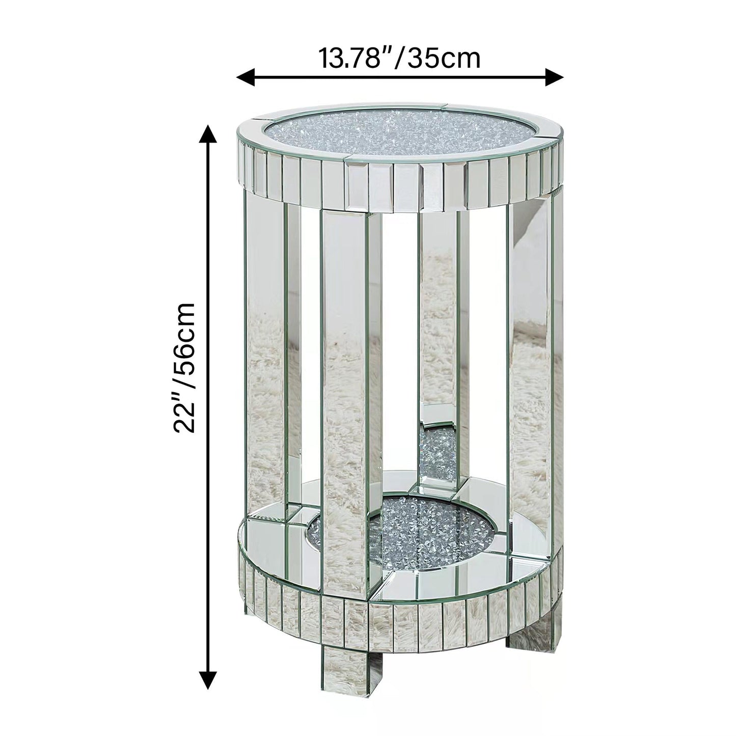 SHYFOY Mirrored Round End Table with Crystals Inlay, 2-Tier Modern Glass Small Sofa Table with Storage, Silver Accent Table for Living Room, Bedroom and Small Spaces