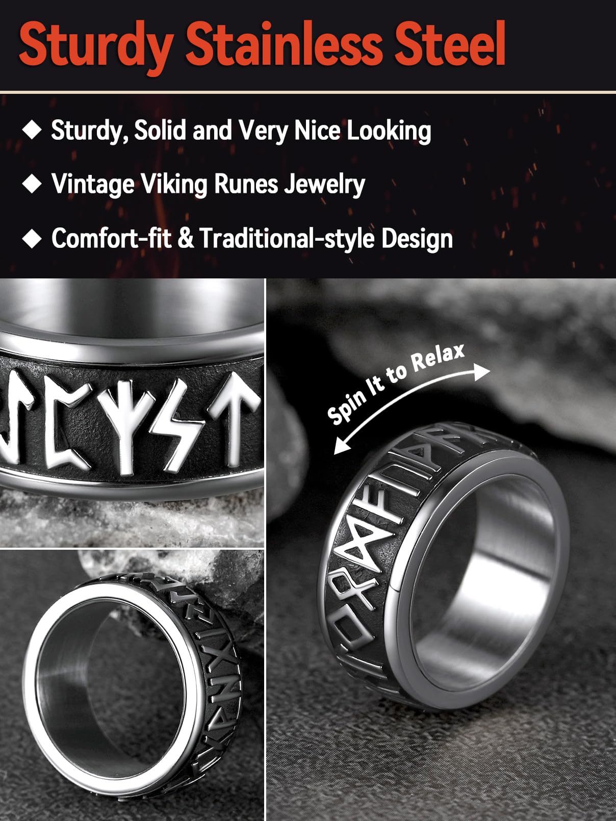 FaithHeart Viking Rings Men Stainless Steel Fidget Ring Spinning Jewellery Norse Runes Band Cool Boys Ring Size O