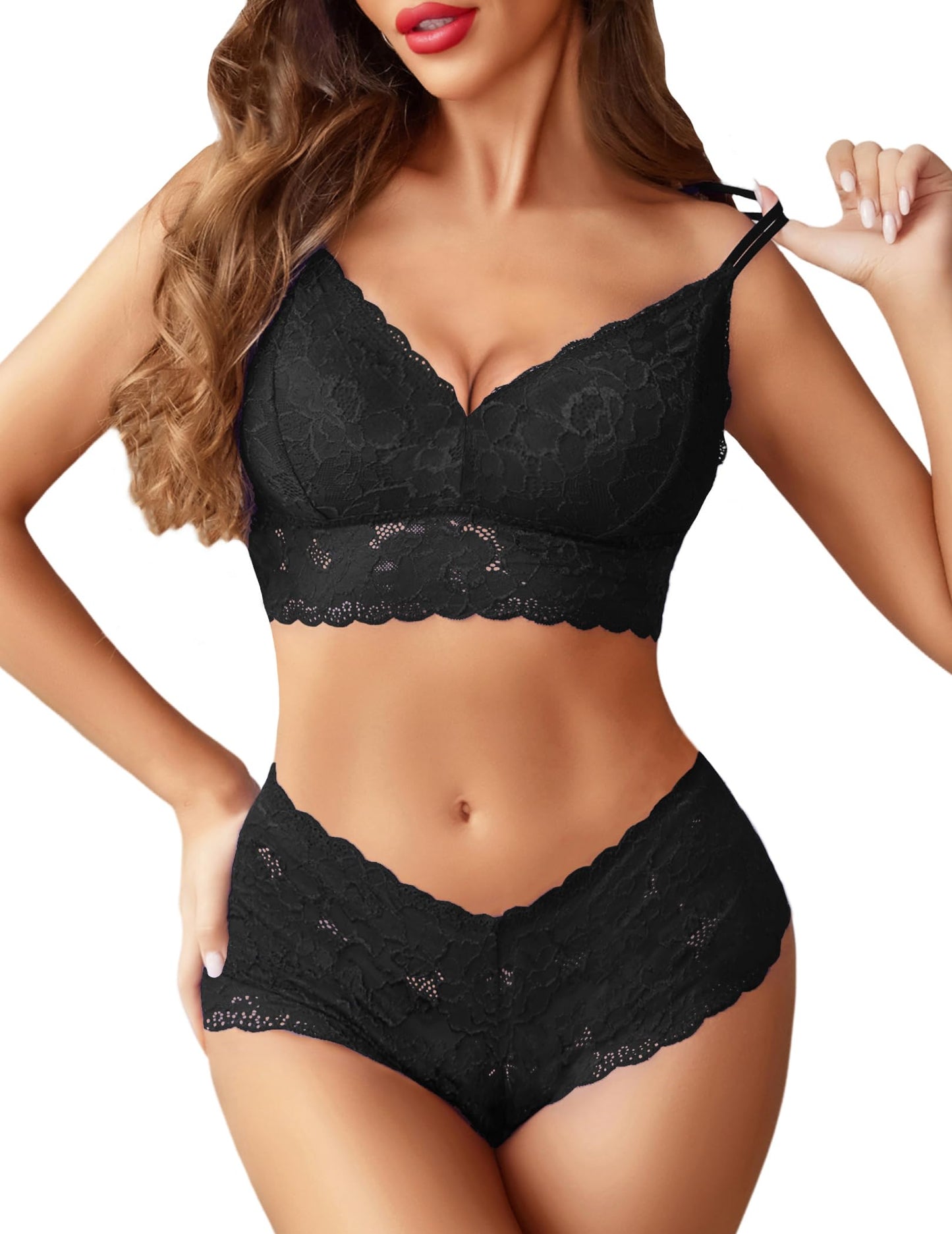 Avidlove Womens Lingerie Sexy Naughty Set Bralette and Panty Set Black Bra and Underwear Set(Black,XL)