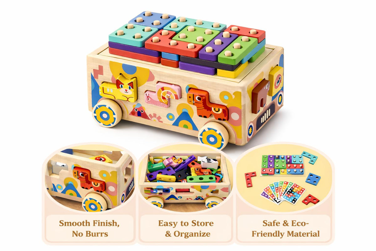 Wooden Montessori Toddler Toy Car Animal Shape Sorting & Peg Stacking Blocks Educational Learning Toy for Toddlers Ages 2-4 Fine Motor Skills Preschool Toy Wooden Shape Sorter Gift for Boys Girls