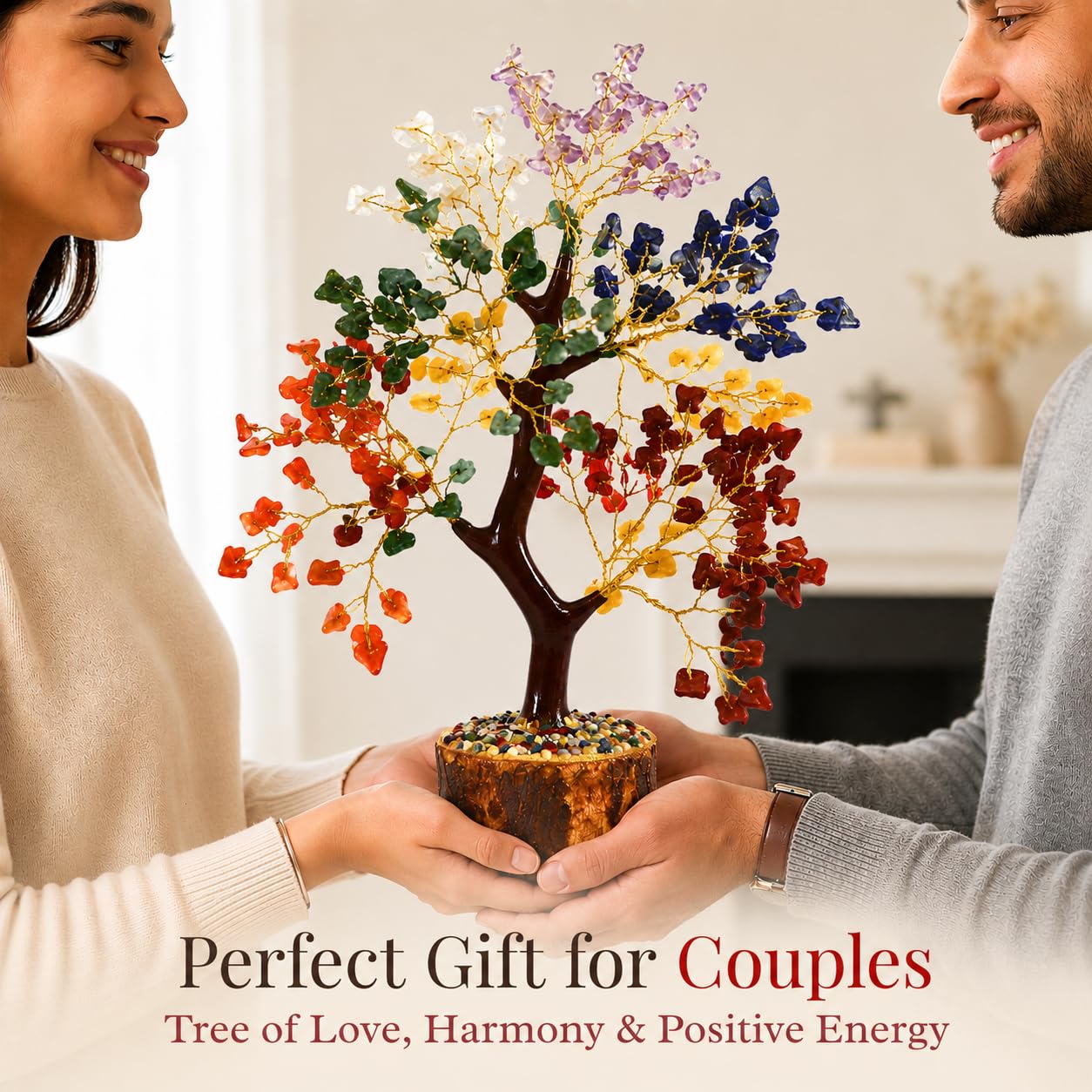 7 Chakra Crystal Tree 300 Stones - Feng Shui Gemstone Money Tree with Healing Crystals Base for Good Luck, Wealth & Prosperity - Reiki Spiritual Meditation Decor, Yoga Gifts & Home Office Decoration