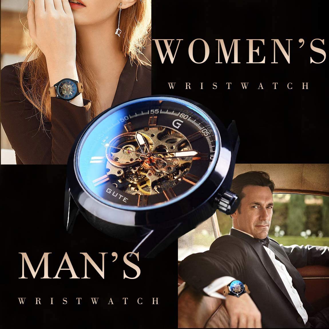 Gute Mens Watches, Mechanical Skeleton Automatic Self-Winding Steampunk Watch for Men, Casual Clock Brown Leather Wrist Watch