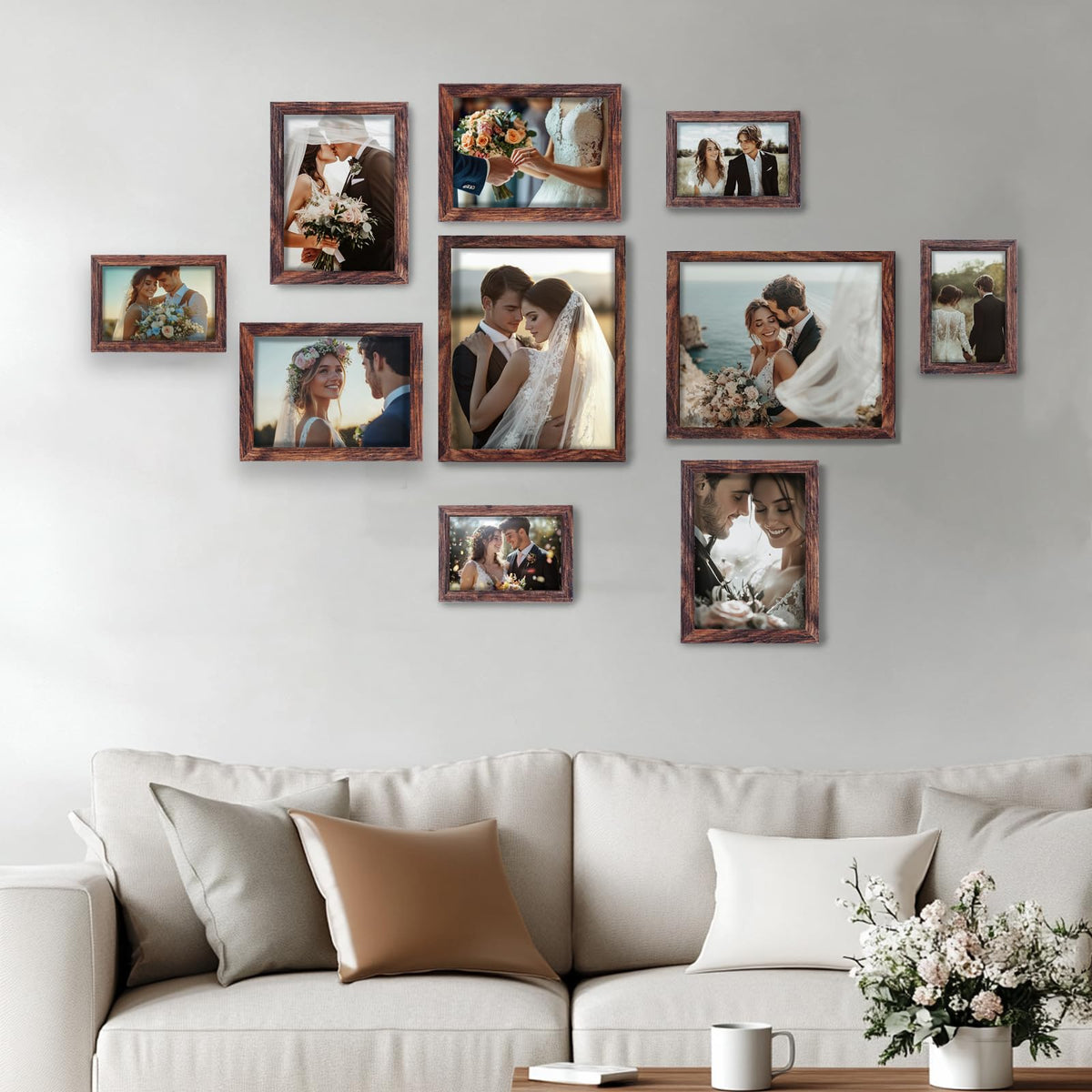 Fixwal Picture Frames, 10 Pack Wooden Collage Picture Frame Set for Wall Gallery Decor, Hanging or Tabletop Display Multi Sizes Photo Frames Including 8x10, 5x7, 4x6, Brown