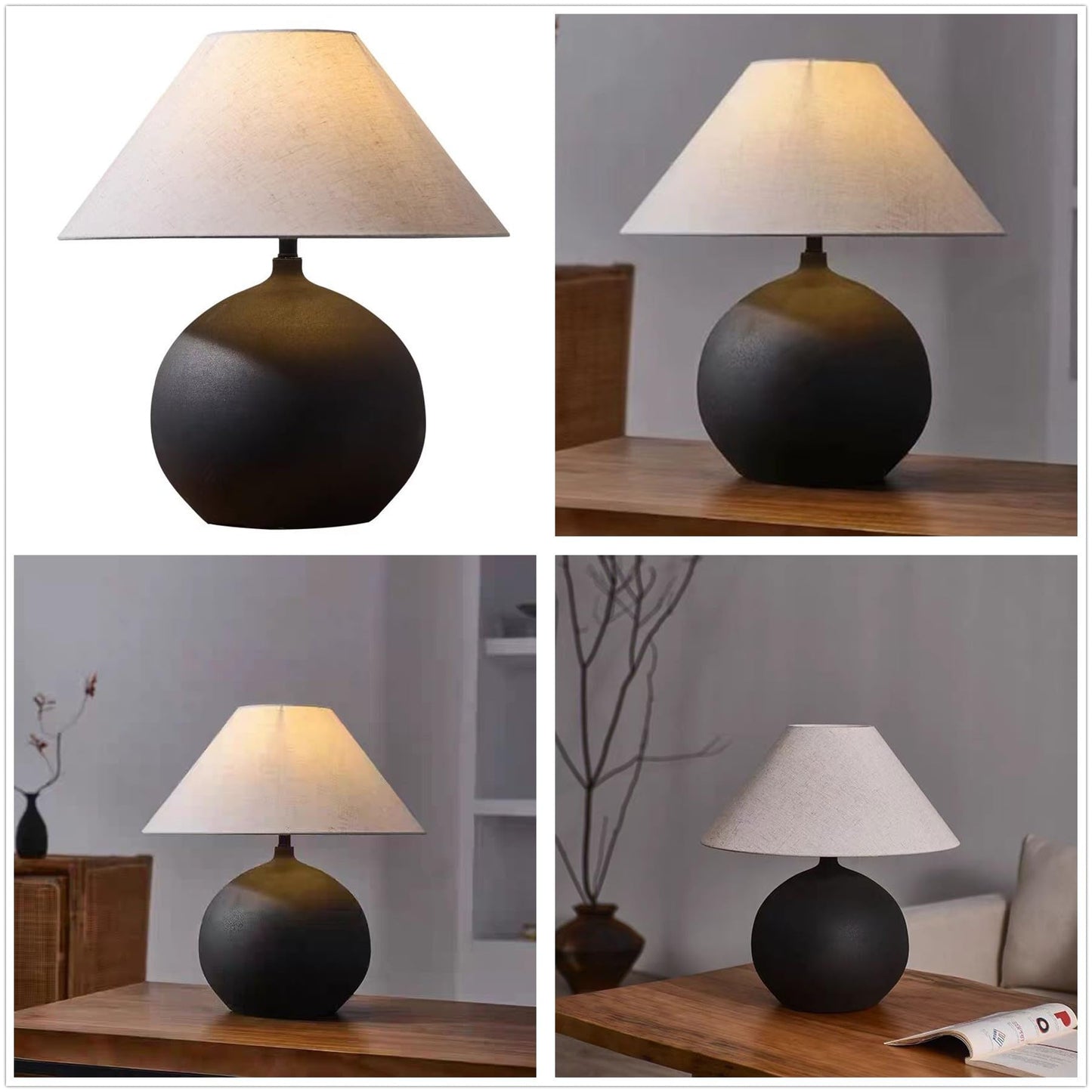 SANDYHA Rustic Round Black Ceramic Table Lamp 17.7'' Tall Farmhouse Black Crock Pot Desk Lamp Body with Tapered Fabric Shade Bedside Lamp for Living Room Bedroom House Office Entryway