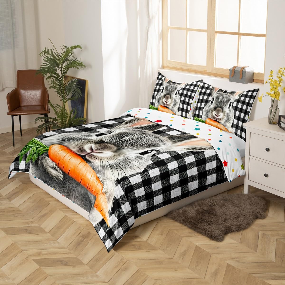 Rabbit Duvet Cover Black and White Lattice Buffalo Checkered Grid Bedding Set Easter Decorations for The Home,Cute Animal Plaid Comforter Cover Queen,Kawaii Room Decor Easter Gifts for Kids