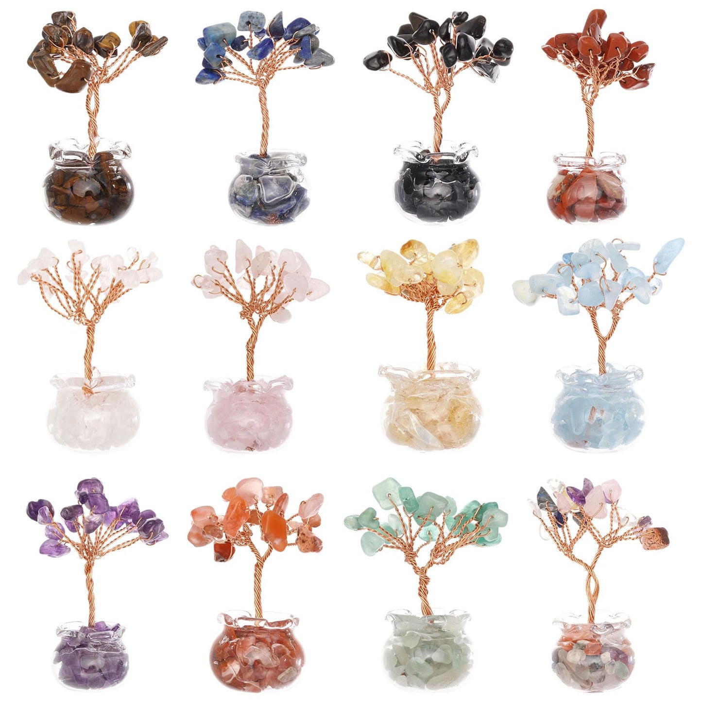GLOBLELAND 12 Pcs Crystal Tree Set Tree of Life with Gemstones Crystals and Stones for Office Desk Home Shelf Decoration for Positive Good Luck Birthday Gifts for Mom Love Ones