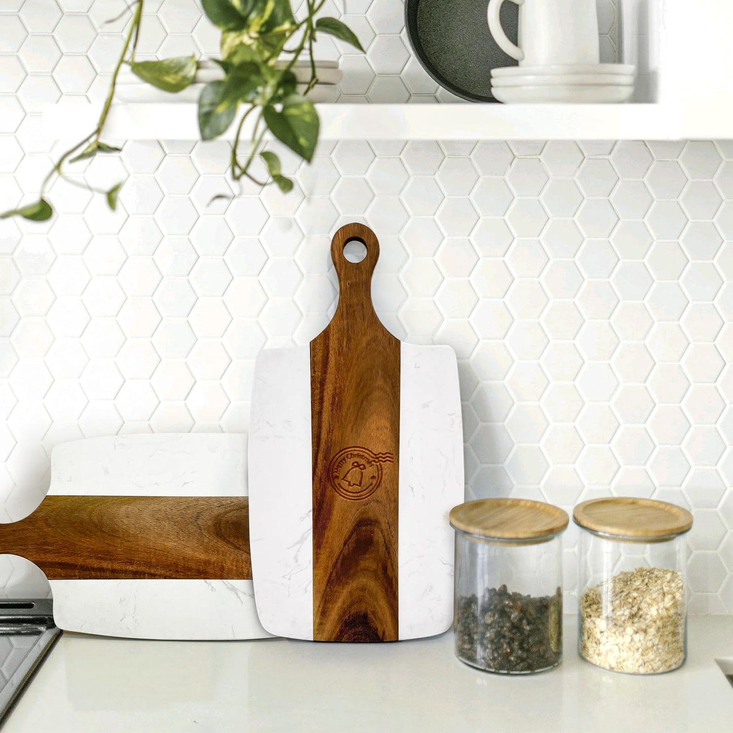 6 Pack Marble and Wood Cutting Board Acacia Wooden Marble Serving Tray with Handle Charcuterie Chopping Board for Laser Engrave, DIY Gift(13.75 Inches x 7.25 Inches)