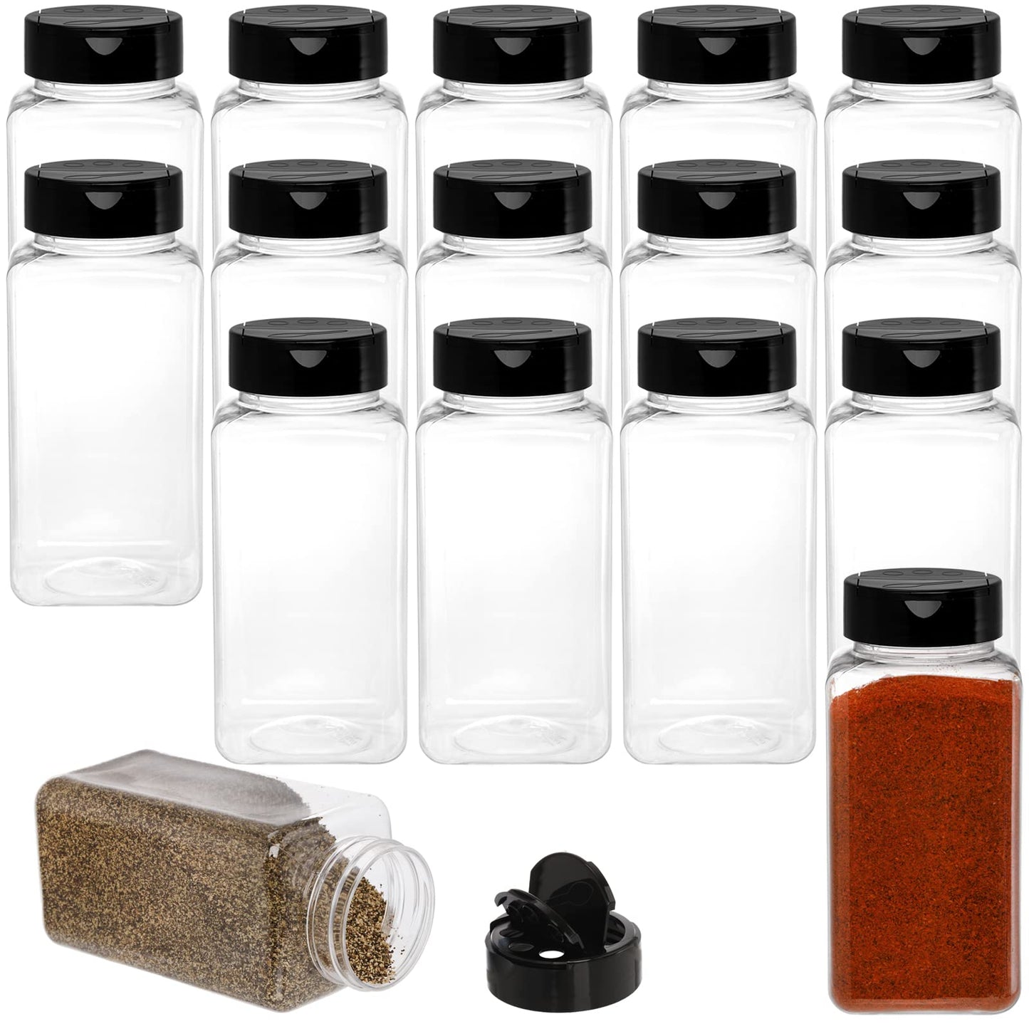 Tosnail 16 Pack 17 Fluid Oz Clear Plastic Spice Jars Spice Containers Spice Bottles Seasoning Organizer with Black Lids