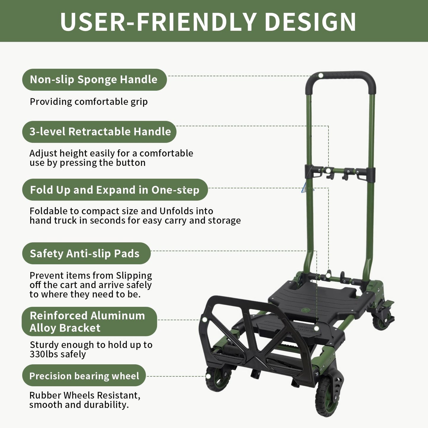 2-in-1 Black Folding Small cart, Outdoor Cargo handling Vehicle, Flatbed Trailer with a Load Capacity of 330 pounds (1, Green+Black Brake)
