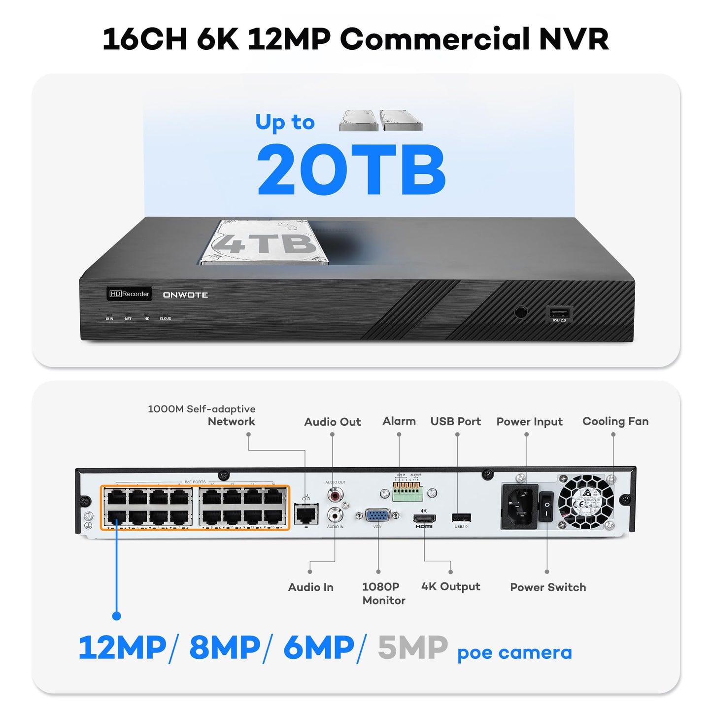 ONWOTE 16 Channel NVR PoE Security Camera System, 12MP 4K 16CH Commercial NVR 4TB, 16x 5MP Wired Outdoor 122° IP Cameras with Audio, AI Detection, 16x Cables (Total 1280ft), CCTV for Business Home