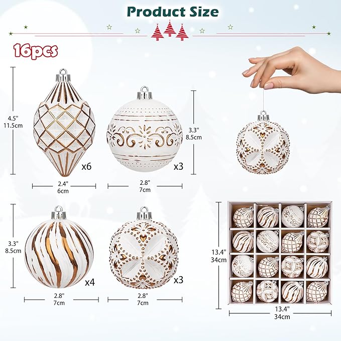 16PCS Shatterproof Christmas Ball Ornaments Set, Hand-Painted Holiday Decor with Assorted Sizes & Designs for Christmas Tree Thanksgiving Party Decoration, Bronze-White