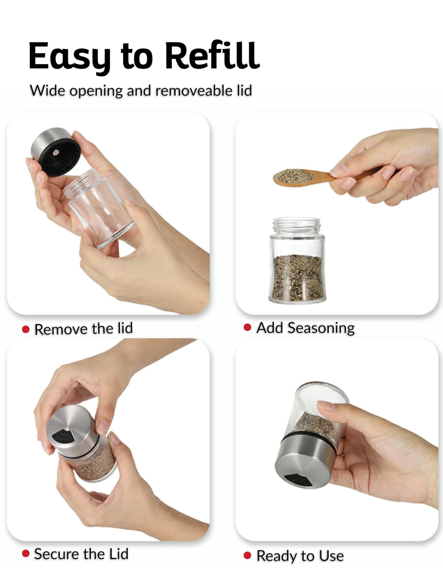 Stainless Steel Salt and Pepper Shaker with Adjustable Sprinkler Lid, Precision-Crafted Glass Salt Dispenser for Kosher Salt, Pepper, Kitchen Spices, Herbs, Coffee, Protein Powder and Baking