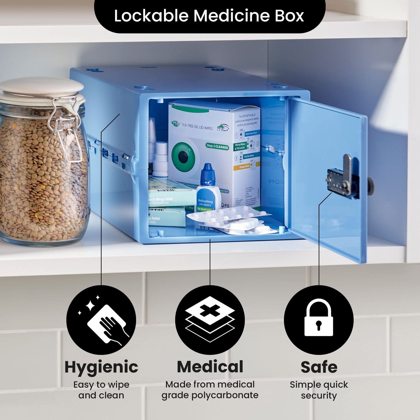 Lockabox One™ | Premium Lockable Medicine Box (A4-Sized) | Lightweight & Hygienic Medicine Lock Box | Made In Britain | External Size 31 x 21 x 17 cm (Medi Blue)
