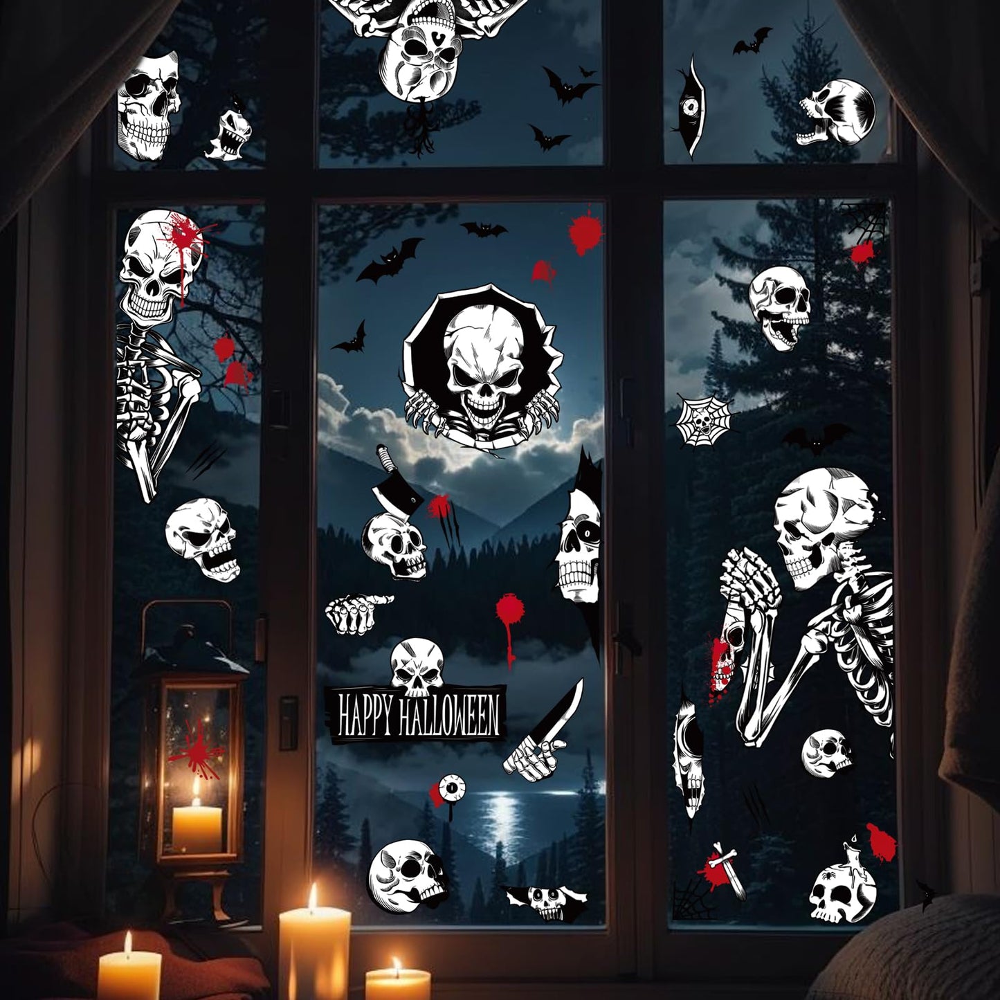 NEWMIAO Halloween Window Stickers, 8 Sheets Halloween Skeleton Window Clings Decals for Party Decorations, Scary Hallowmas Stickers Glass Window Home Decor for Indoor Outdoor Party Supplies