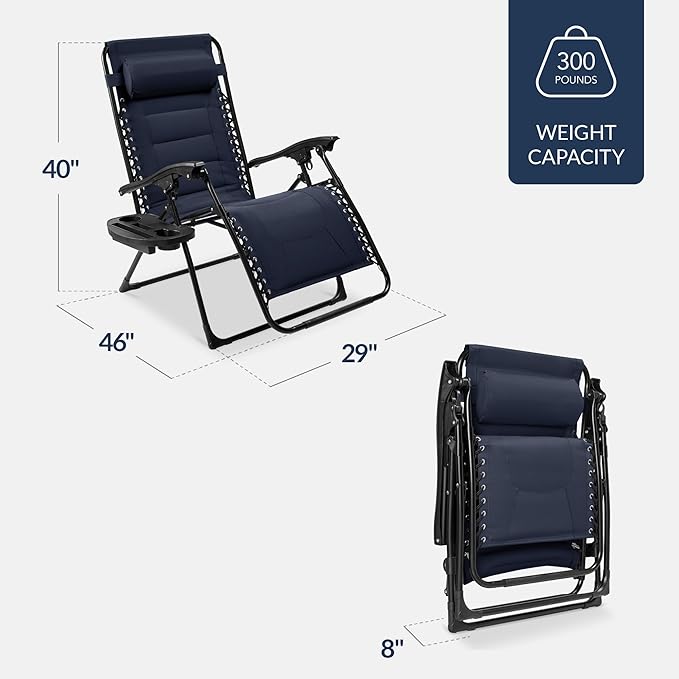 Best Choice Products Oversized Padded Zero Gravity Chair, Folding Outdoor Patio Recliner, XL Anti Gravity Lounger for Backyard w/Headrest, Cup Holder, Side Tray, Polyester Mesh - Navy Blue