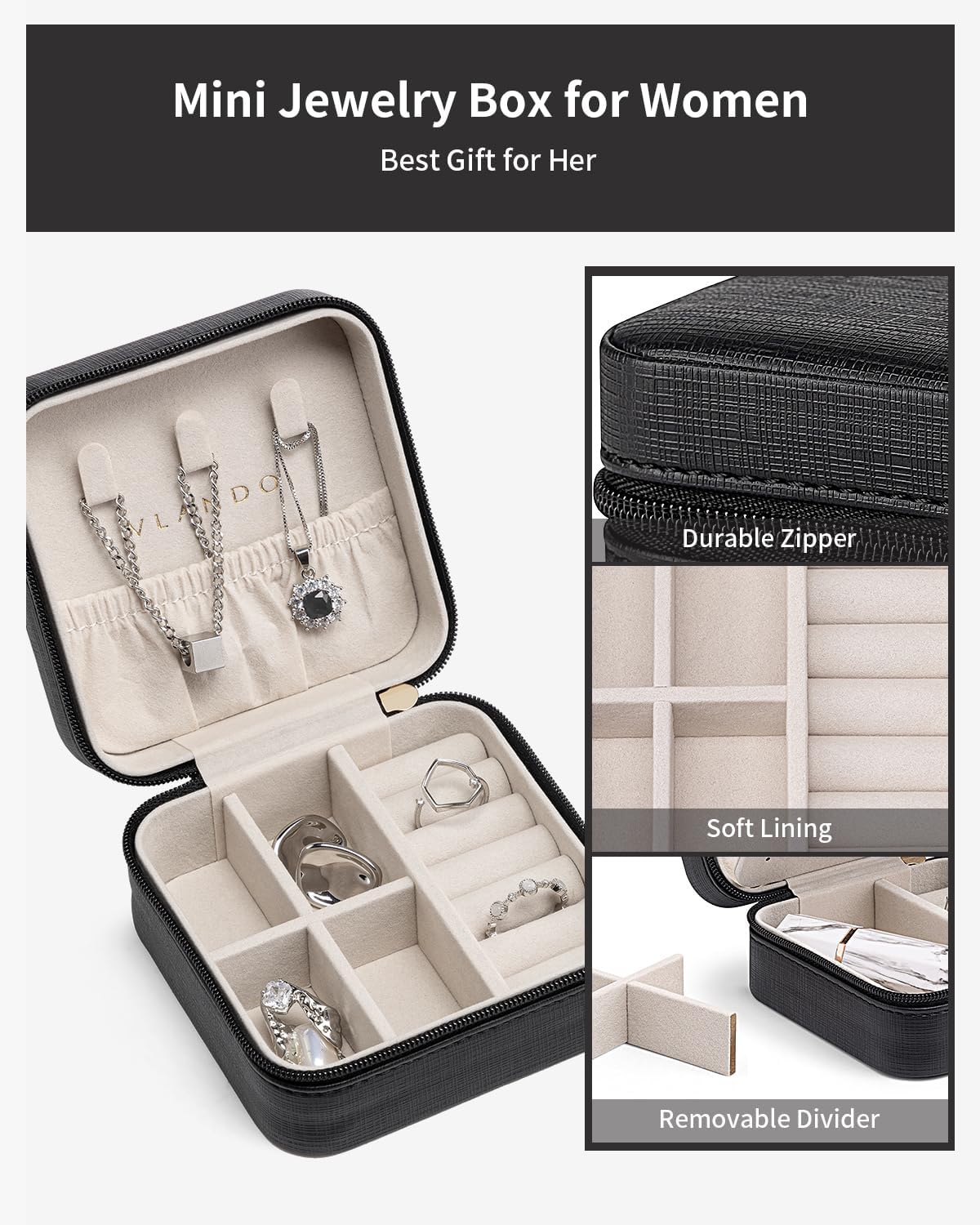 VLANDO Travel Jewelry Case - Teacher Appreciation Gifts for Women - Small Jewelry Travel Organizer Box Travel Essentials Gift for Teen Girl Women - Black*6 pack
