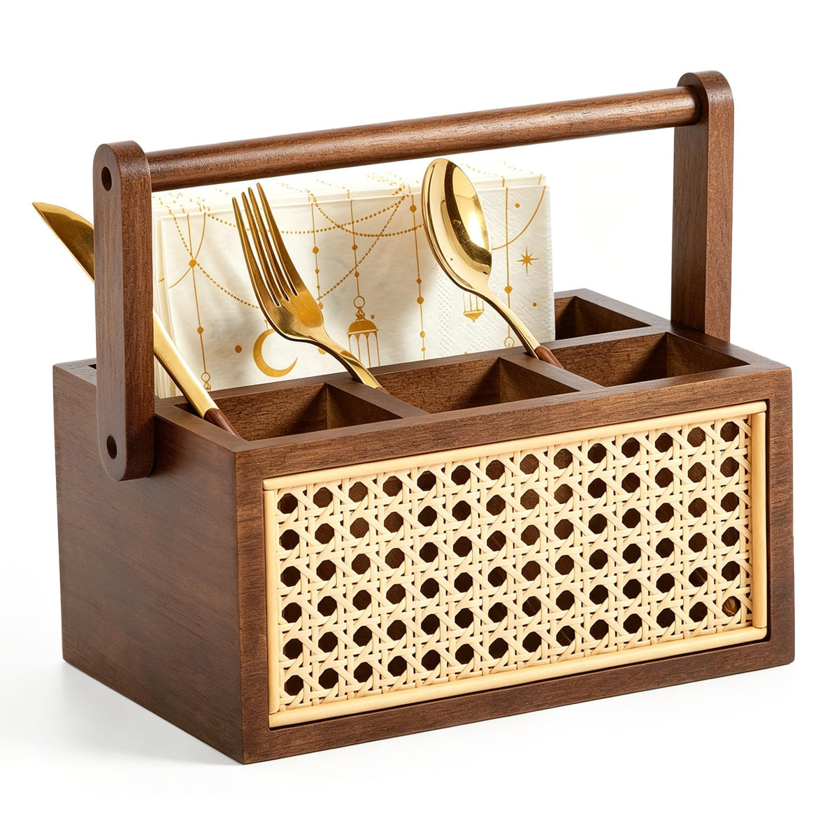 Mifoci Wooden Silverware Caddy with Handle, Wicker Utensil Holder Countertop Cutlery Caddy for Spoons Forks Knives Napkins Plates, Multi Purpose Organizer for Kitchen Office Bathroom Bedroom