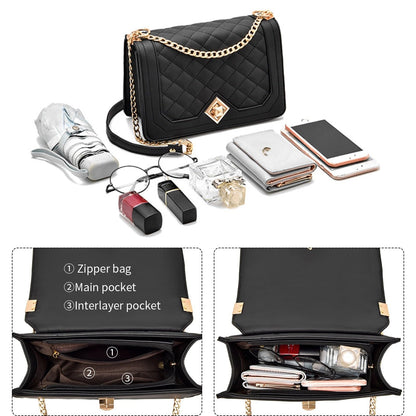 Travistar Crossbody Bags for Women Small Ladies Shoulder Bag Purse PU Leather Quilted Handbags with Gold Chain Strap Fashion Cute Cross Body Phone Bag Side Purses Black Evening Clutch