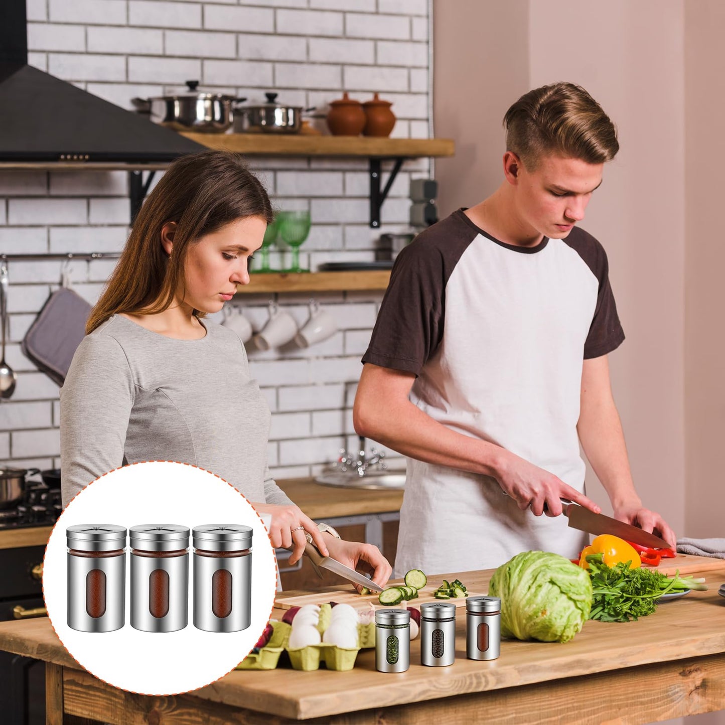 12 PCS Stainless Steel Salt and Pepper Shakers Set with Adjustable Pour Holes and Glass Window Seasoning Shakers with Rotating Lid Spice Dispenser Shaker for Seasoning, Sugar, Cinnamon, Home Kitchen