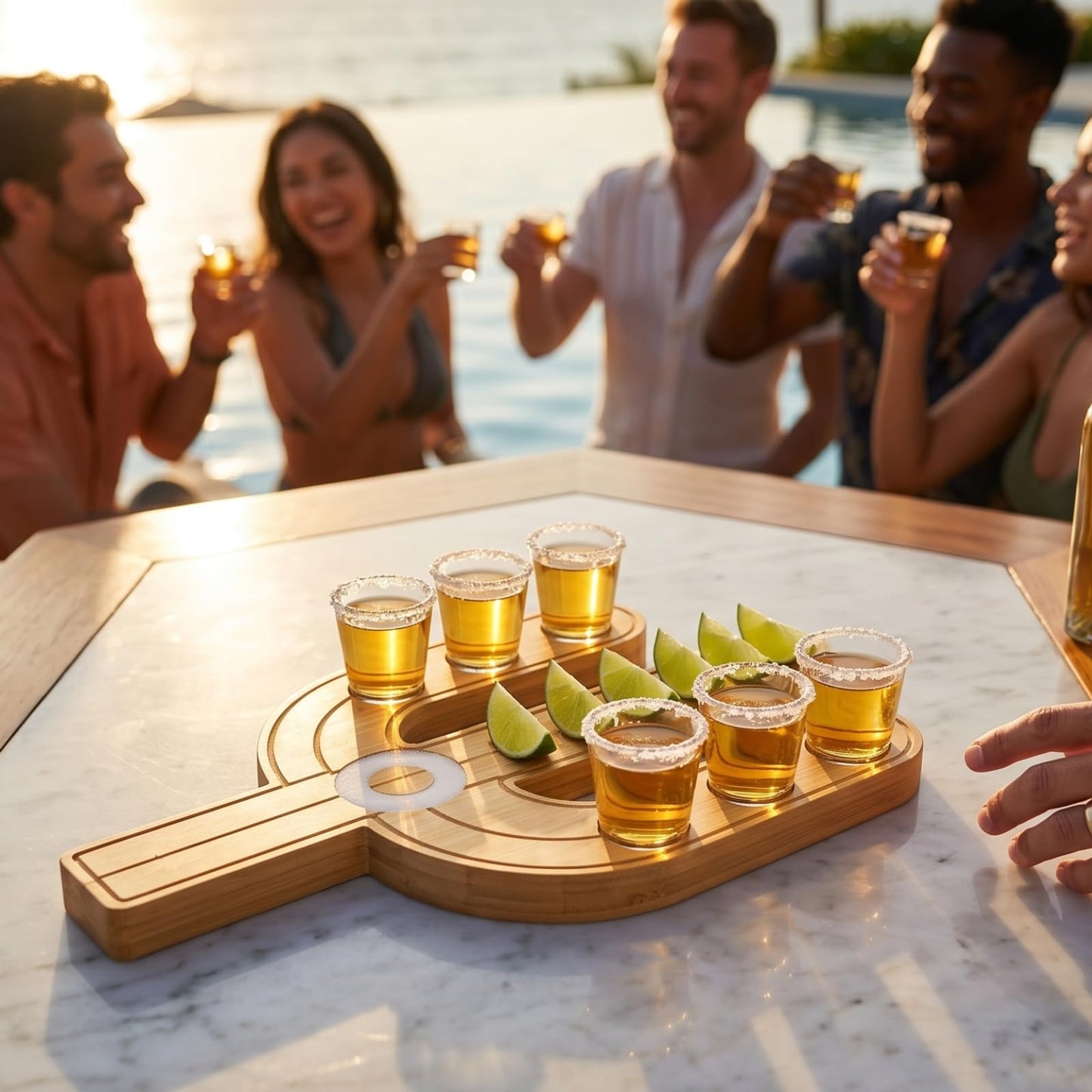 Cactus Tequila Tray & Shot Glasses Set - Tequila Gifts & Mexican Gifts - Bamboo Shot Glass Holder Serving Tray - Flight Board with Lemon Bowl, Salt Rimmer & Shot Glass Set - Party Shot Board, Gift