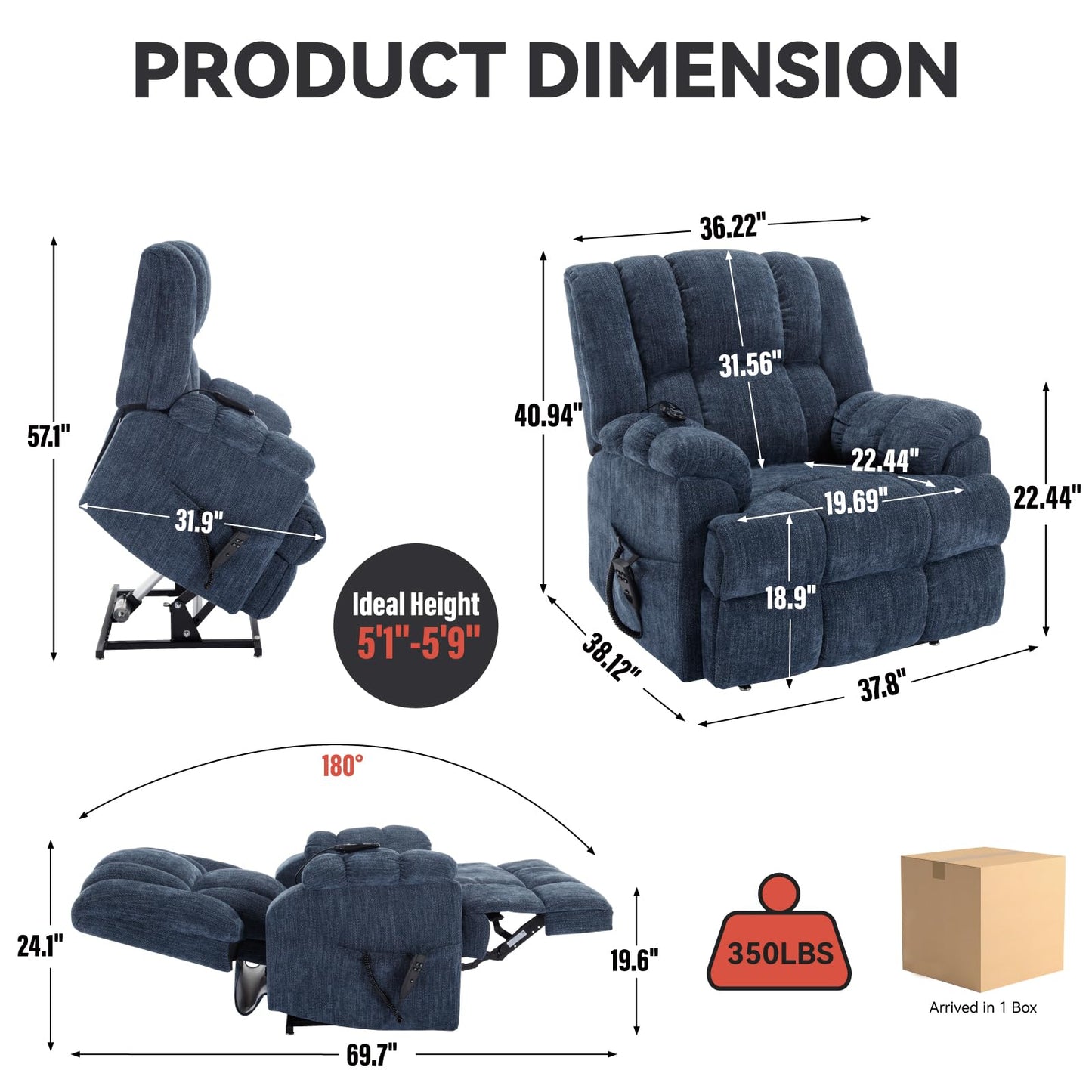 KEIKI Oversized Dual Motor Power Lift Recliner Chair for Elderly, Chenille Upholstery Breathable Rocking Chair with Back Massager and Heated, Living Room Lounge and Family Home Comfort, Blue