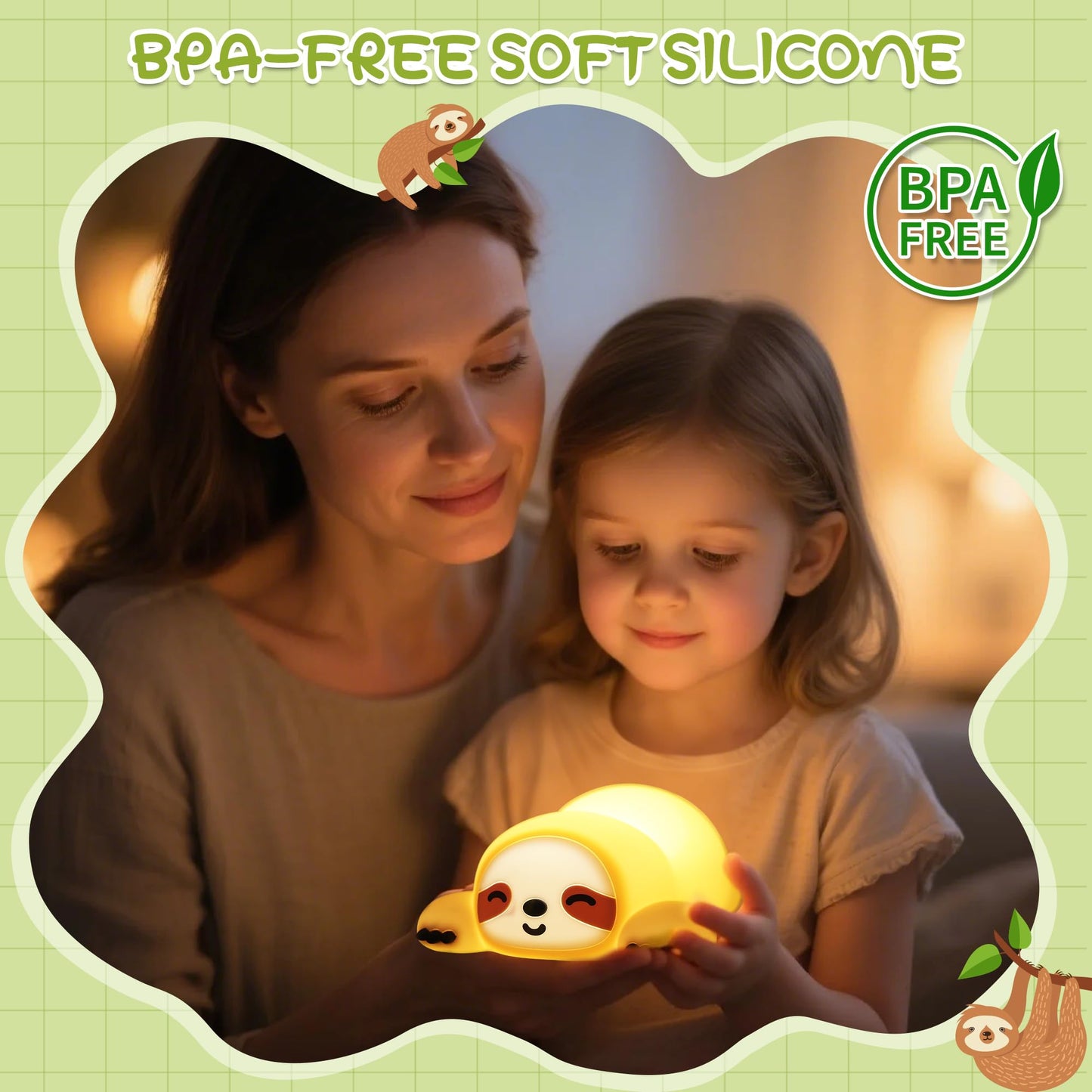 Okayera Sloth Night Light, Cute Squishy Lamp for Bedroom, Silicone Animal Dimmable & Timer Rechargeable Nightlight for Girls Boys Kids, Home Decor Christmas Birthday White Elephant Gifts
