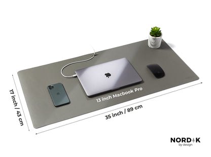 Nordik Leather Desk Mat Cable Organizer - Alaskan Gray 35 X 17 inch - Premium Extended Mouse Mat for Home Office Accessories - Non-Slip Vegan Leather Desk Pad Protector & Desk Blotter Pad