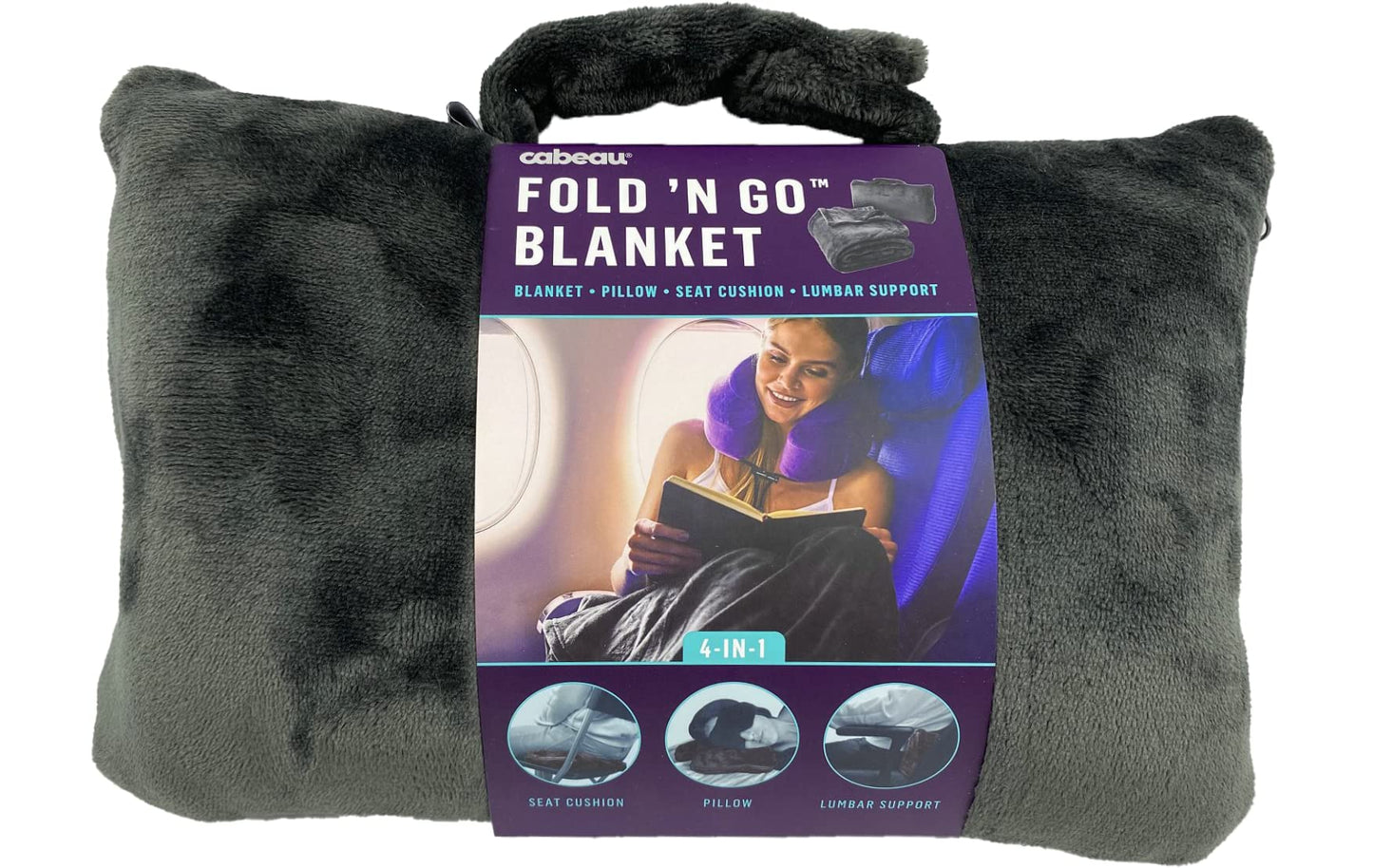 Cabeau Fold ‘n Go Travel and Throw Blanket Plus Compact Case - For Home and Travel - Doubles as Lumbar Pillow and Neck Support Pillow - French Microfiber Comfort - Charcoal