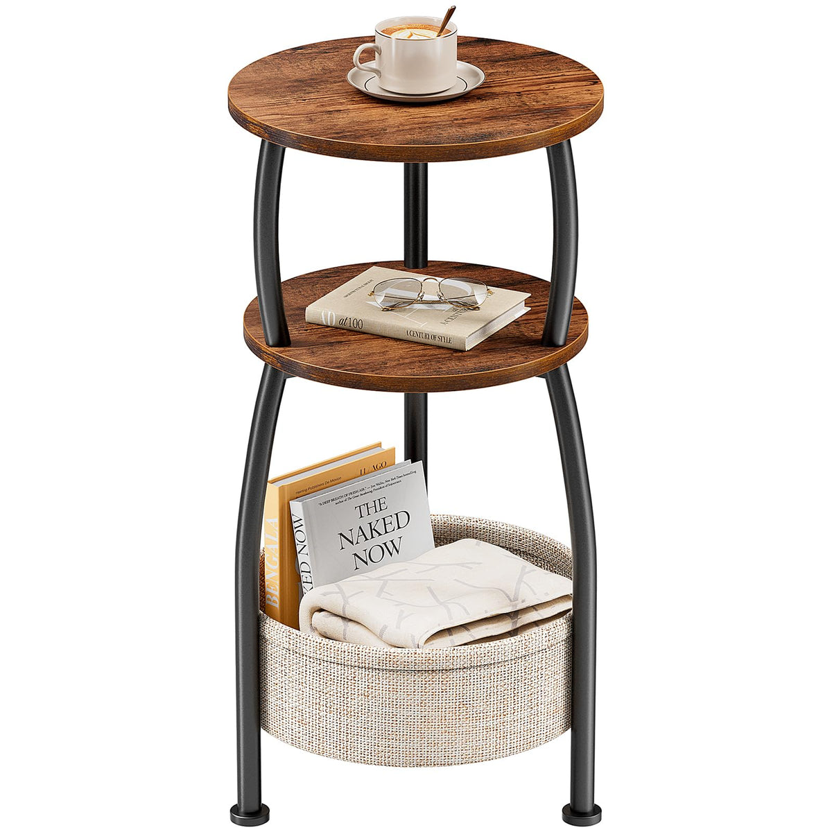 Yuede Round Side Table for Small Spaces with Storage Basket –Small End Table 3-Tier Night Stand Sofa Corner Table for Living Room, Bedroom, Patio and More 24in Tall Rustic Brown