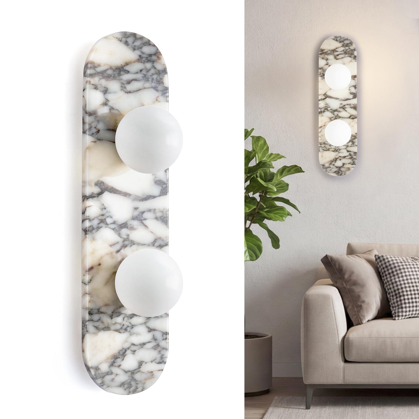 SAMAH Natural Marble Wall Sconce, Alabaster Hardwired Wall Light, Elegant Nordic-Style Wall Mount Fixture for Bedroom, Bathroom Vanity, Living Room, Hallway, Staircase, Perfect Housewarming Gifts