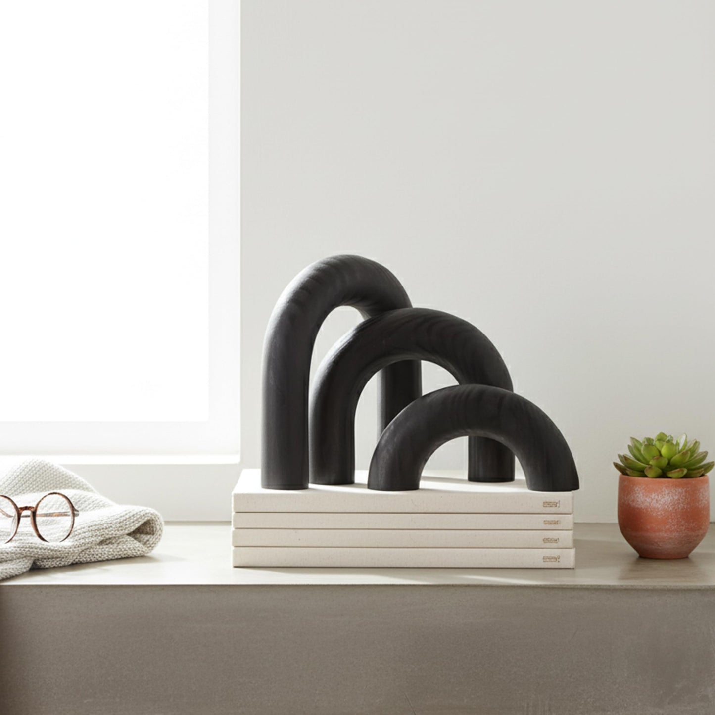 ANONYO 3Pcs Wooden Arches Decorative Object for Coffee Table Boho Shelf Decor Arch Design for japandi Home Aesthetic Shelf Neutral Home Accents (Black Stain)