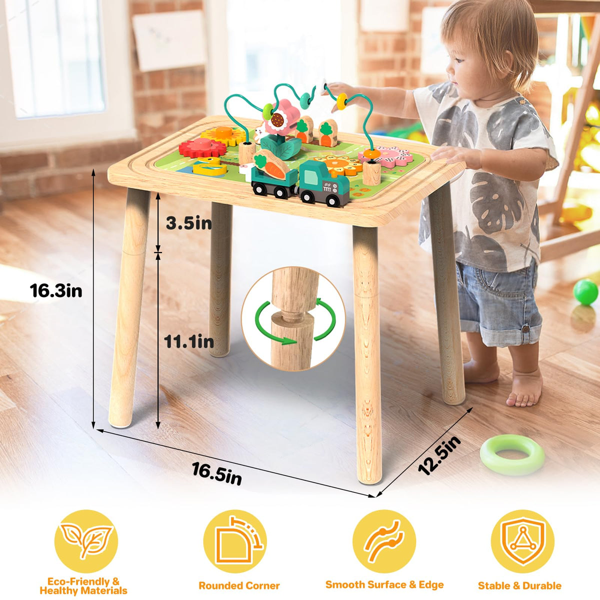 3-in-1 Baby Activity Table for 18-36 Months Old Kids Wooden Activity Center Sensory Play Table for Toddlers with Bead Maze Shape Sorter Montessori Toys Sand Table Must Have Birthday Gift for Girls Boy