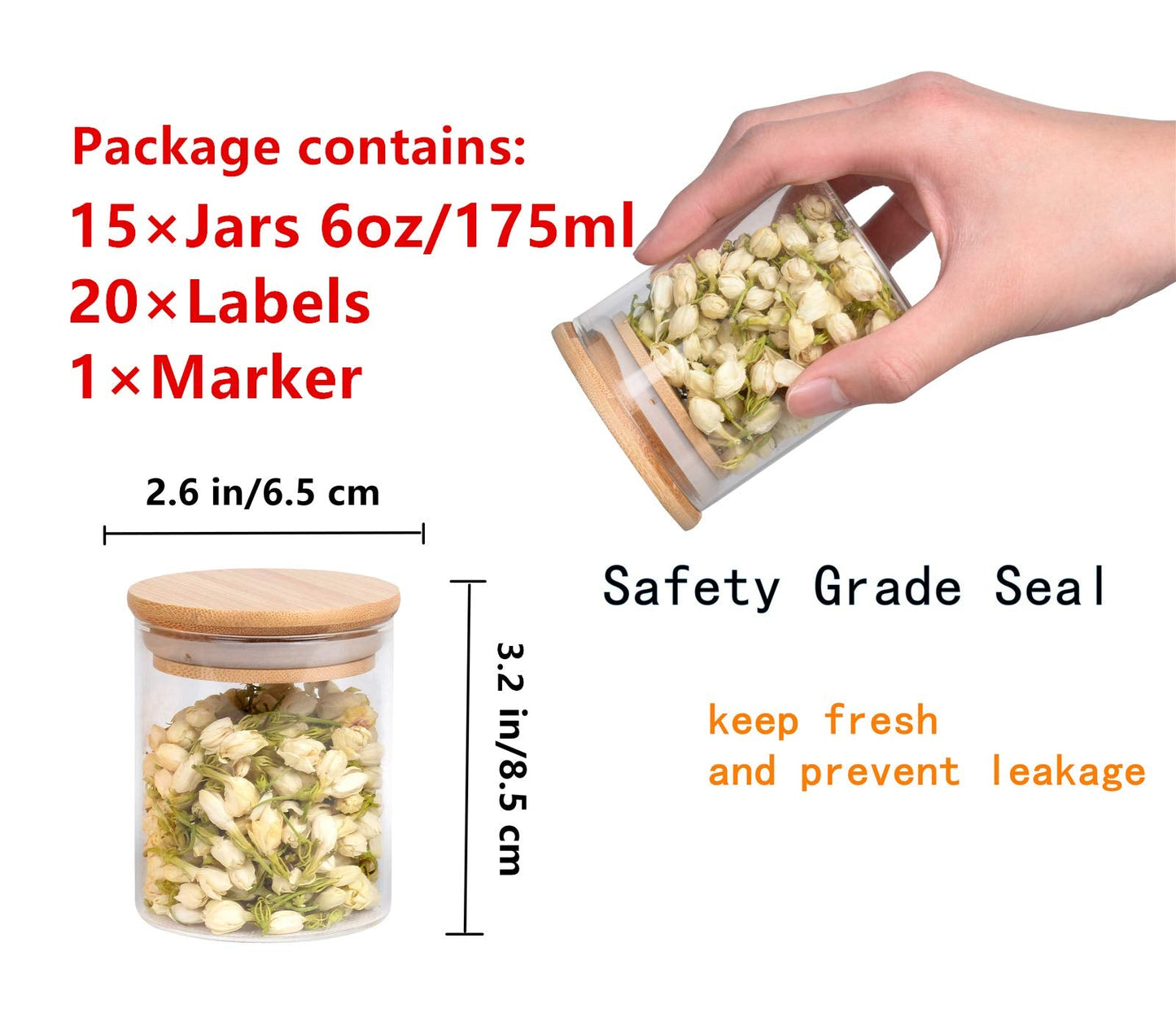 15Pcs 6oz Glass Spice Jars, Airtight Bamboo Lid Containers with Labels