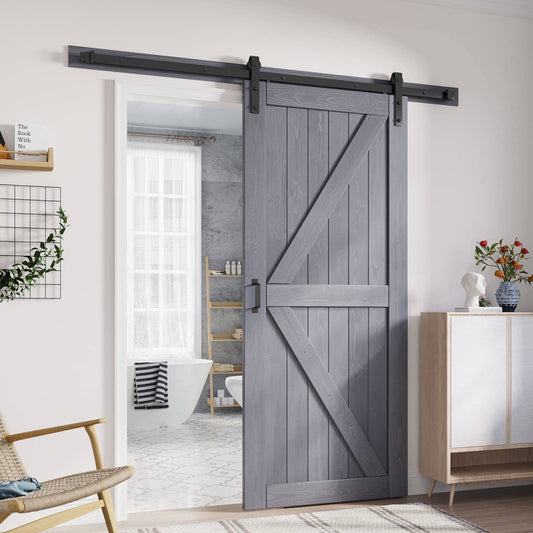 FREDBECK 36in x 80in Gray Wood Barn Door Slab with 6.6ft (79inch) Barn Door Hardware Track Kit Included, Double Surfaces,Simple Assembly is Required,K-Frame,Grey