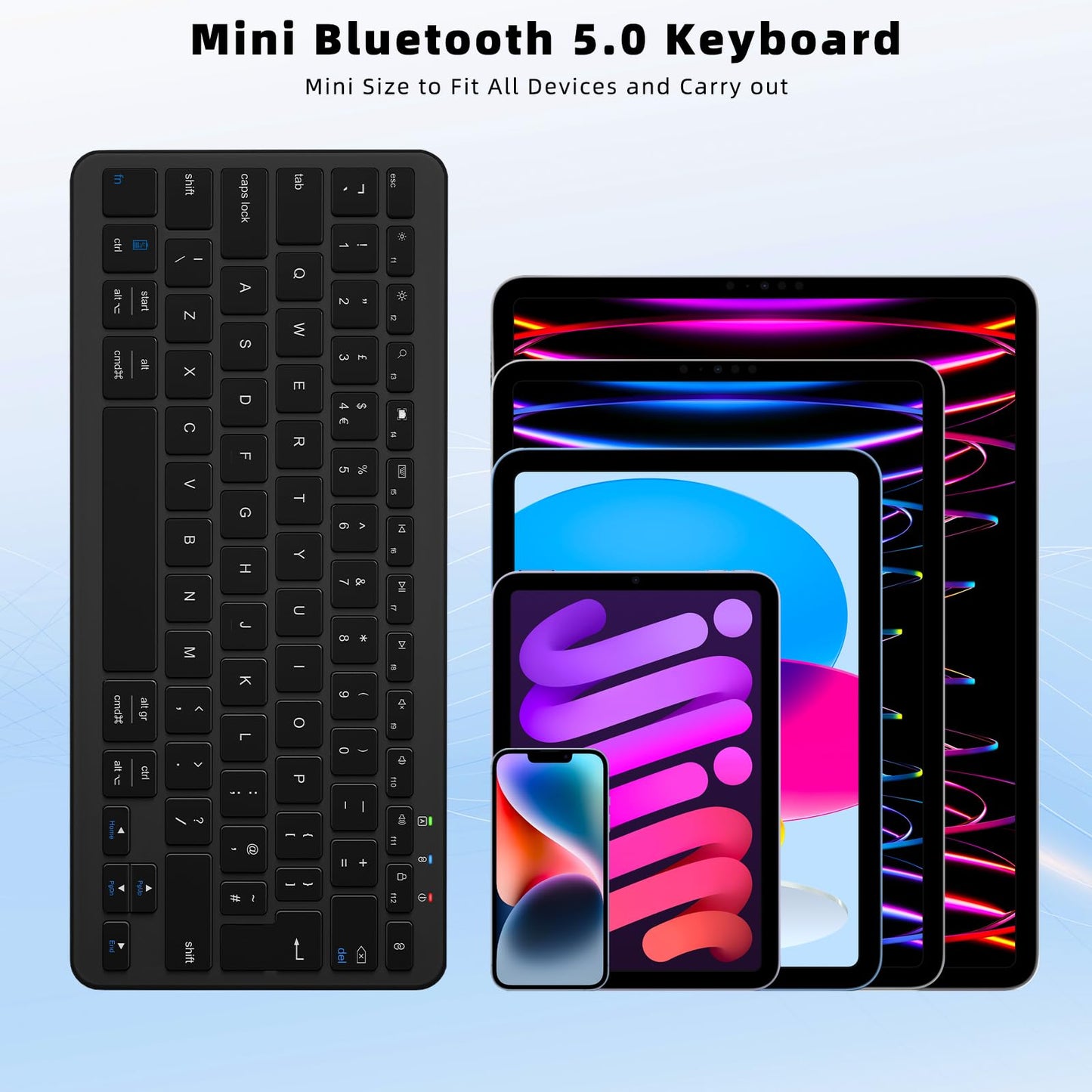 Qulose Bluetooth Wireless Keyboard, Mini Keyboard Rechargeable USB-C with Media Hotkeys, Ultra Slim Ergonomic, Compatible with Apple macOS/iOS/Windows/Android, UK Layout Compact-Black