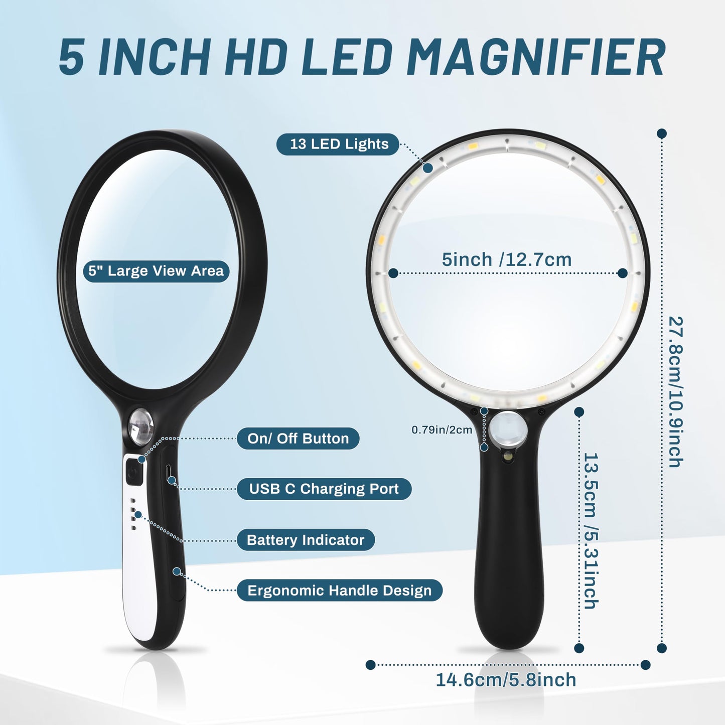 Large Magnifying Glass with Light: 10X 30X 5IN Lighted Handheld Magnifier with 13 LED Lights 3 Modes, 1150mAh Rechargeable Magnifying Lens Gift for Seniors Reading Coins Close Work-Black+White