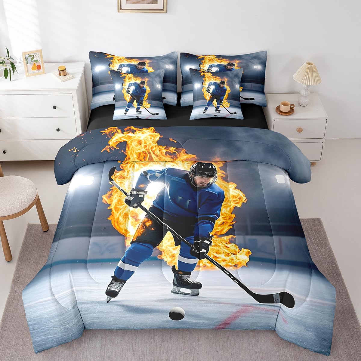 Erosebridal Teens Ice Hockey Bed in A Bag 7 Piece Puck Comforter Set Twin Size Sports Games Bedding Sets for Kids Teens Boys Girls Winter Match Grunge Sheet Set