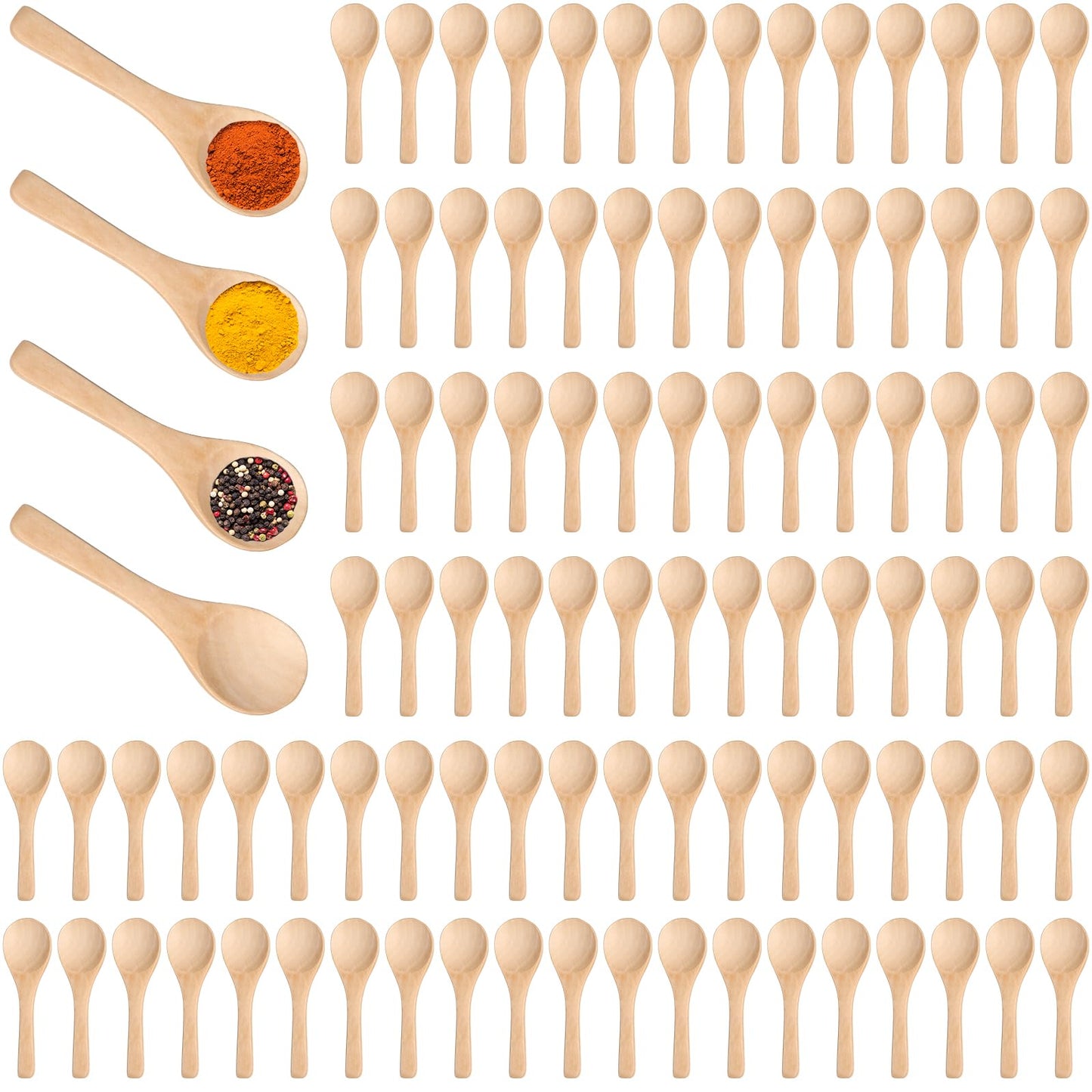 Boao 100 Pcs Small Wooden Spoons, 3.5'' L, Mini Wood Natural Tiny Spoons Wooden Little Teaspoons for Jars Sugar Creamer Honey Spices Salt Kitchen Supplies (Light Brown)