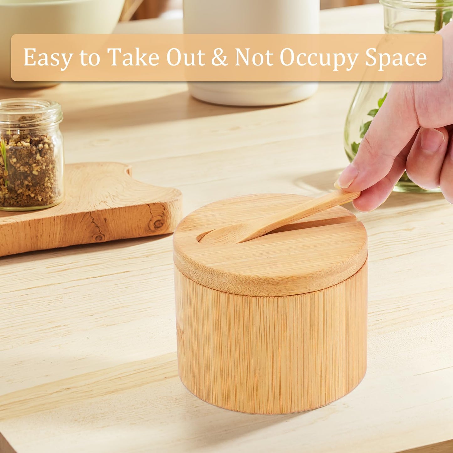 JIABEIUS 3Pcs Bamboo Salt Box with Swivel Lid and Spoon, Salt Cellar Containers with 8pcs Label Stickers, Wooden Spice Jars for Kitchen to Storage Pepper, Sugar, Herbs, Seasonings