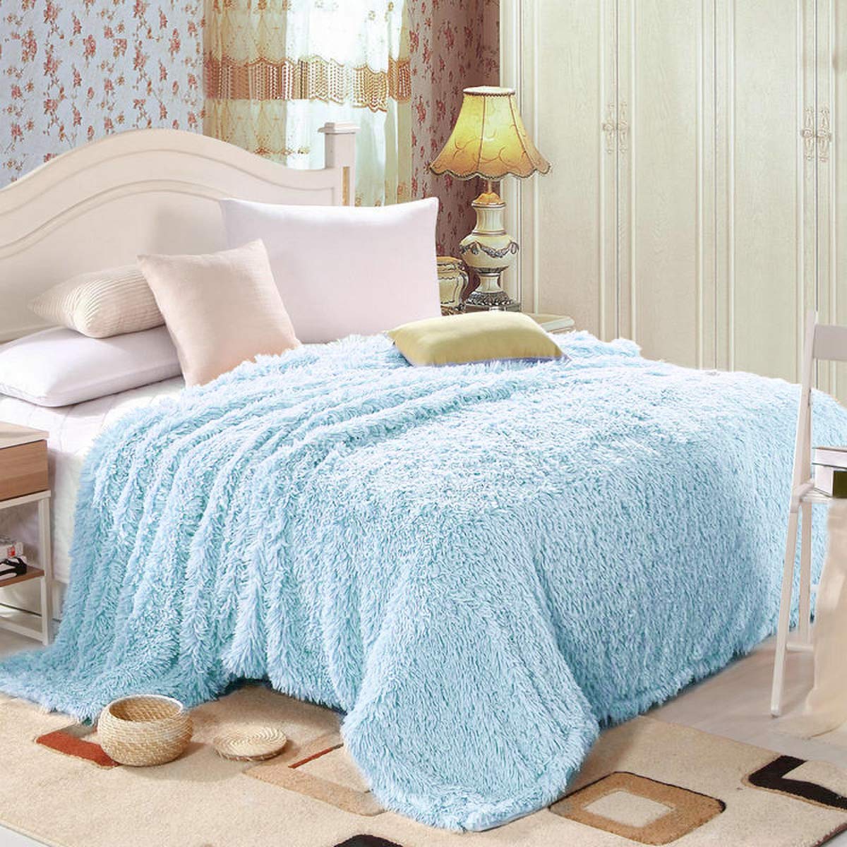 LOCHAS Super Soft Shaggy Faux Fur Throw Blanket, Plush Fuzzy Sherpa Throw Blanket for Couch, Cozy Fluffy Blue Blankets for Bed Chair Sofa, 50'' x 60''