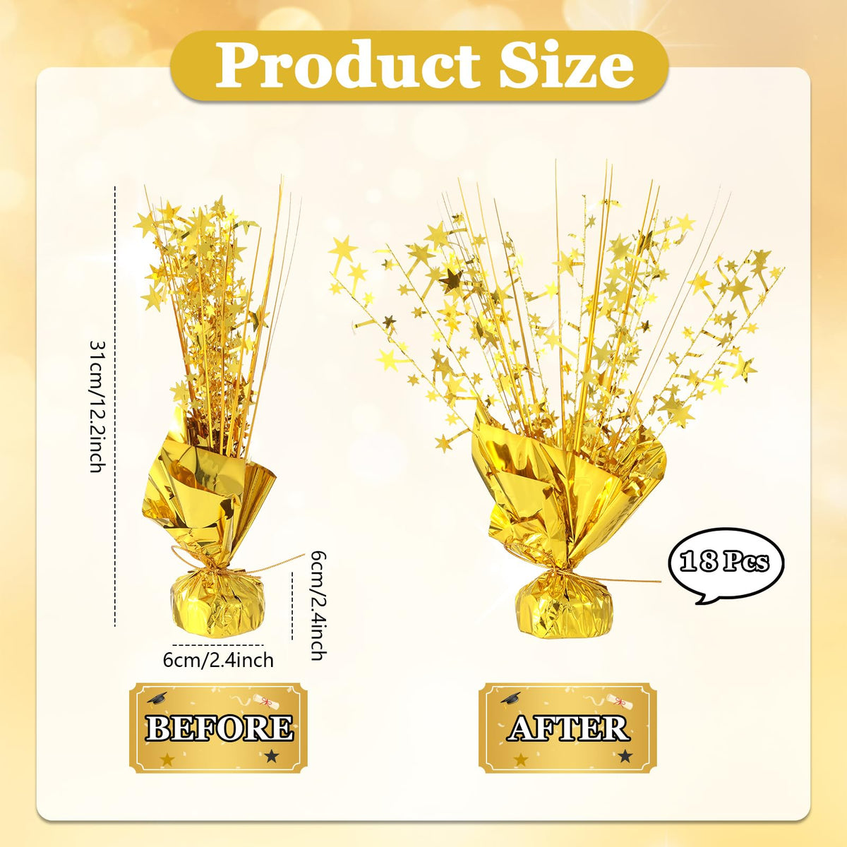 18 Pack 2026 Graduation Table Centerpiece Decoration Metallic Foil Spray Centerpiece Glitter Star Brust Table Topper Decoration for Graduation Birthday New Year Holiday Party Supplies (Gold)